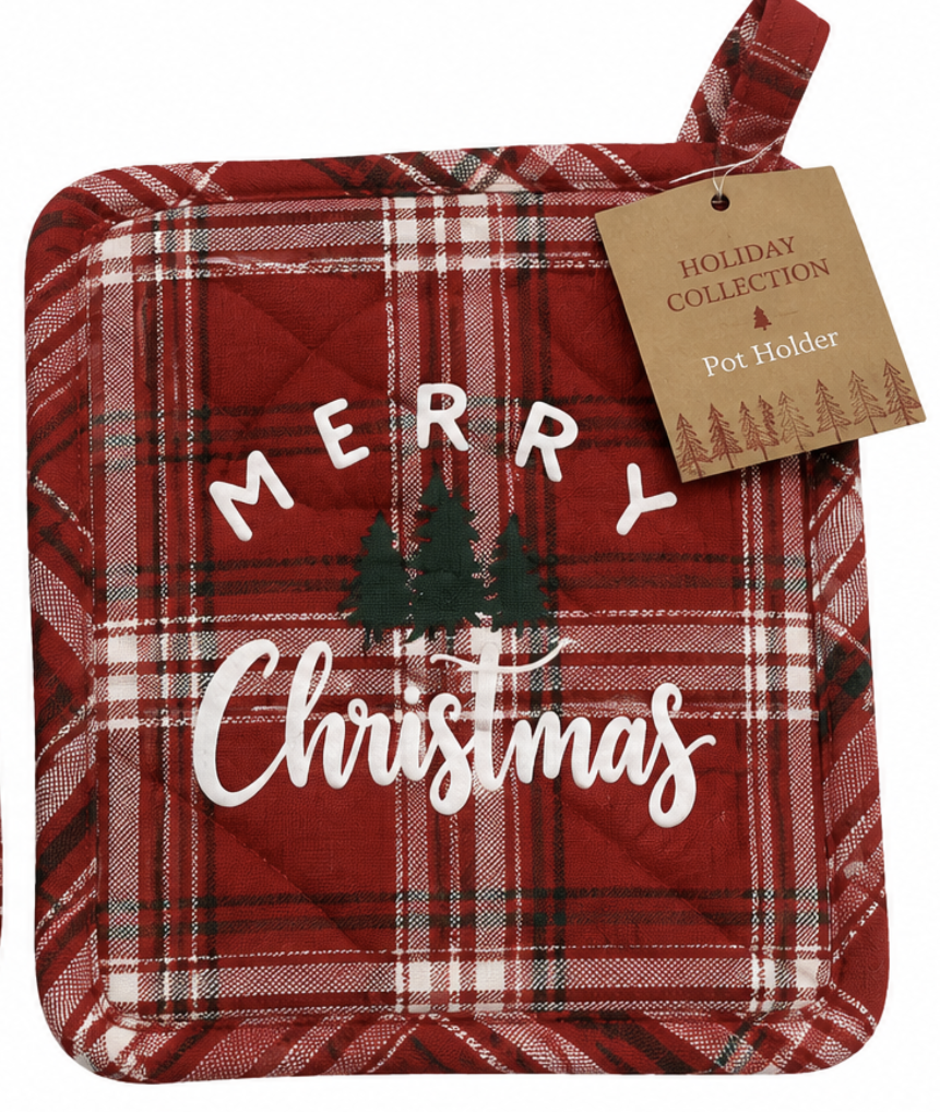 "Merry Christmas" Red Plaid Nidico Pot Holder Pine Trees