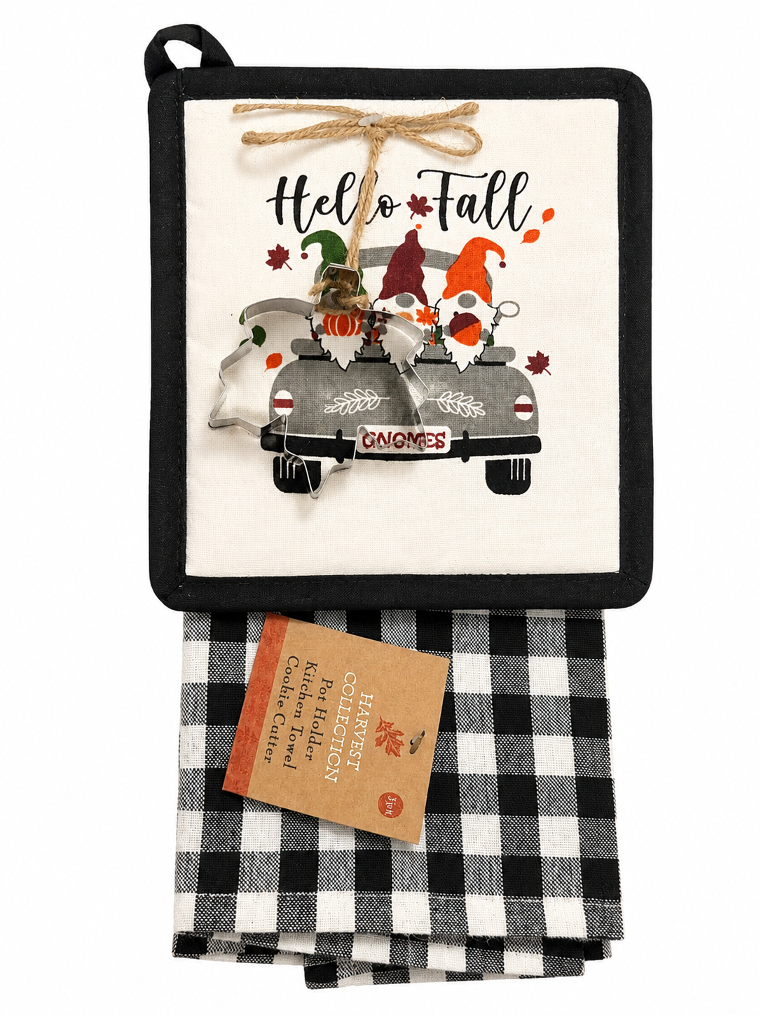 Nidico "Hello Fall" Gnomes 3-Piece Harvest Kitchen Set – Pot Holder, Buffalo Plaid Towel & Leaf Cookie Cutter