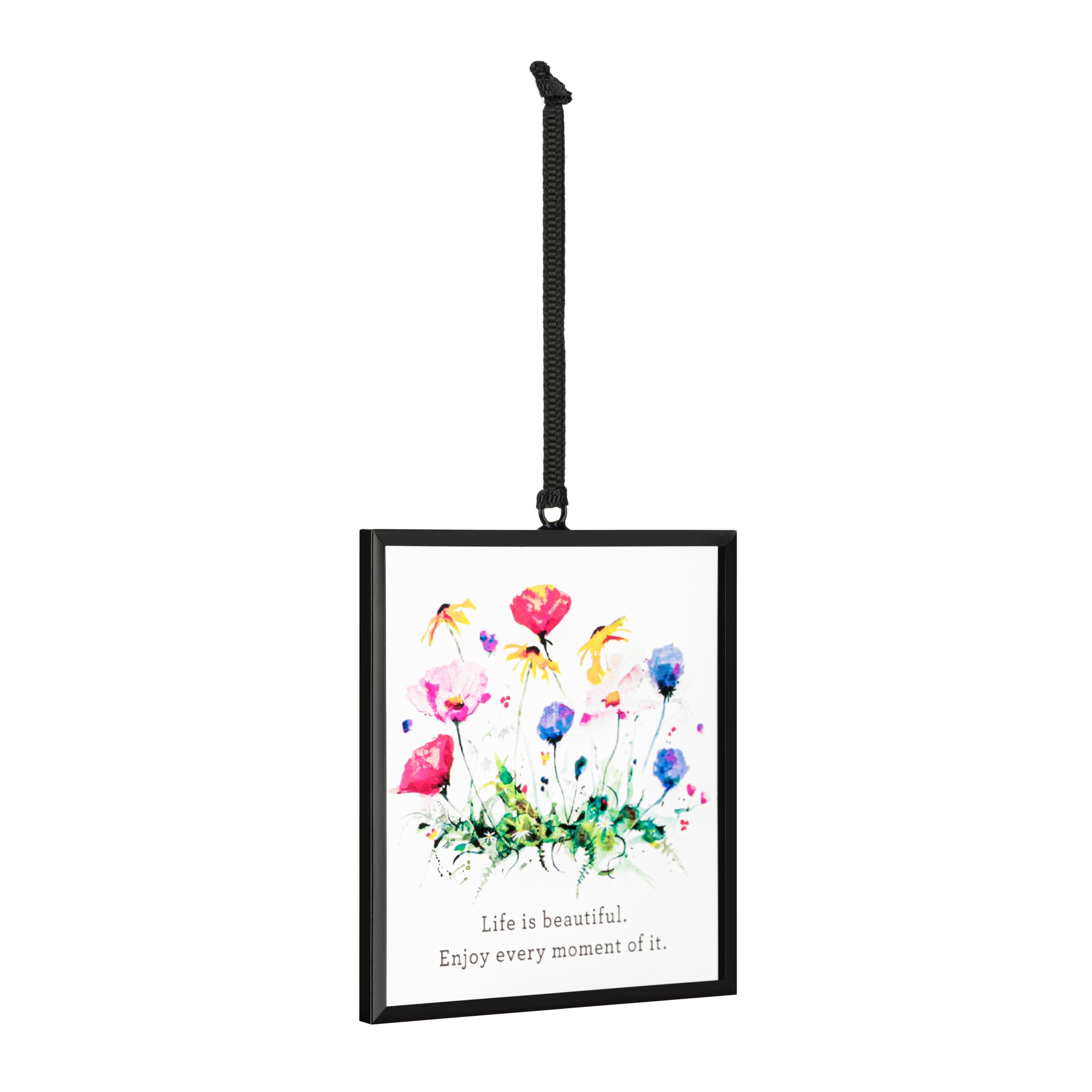 DEMDACO Dean Crouser Collection Life is Beautiful Enjoy Every Moment of It Watercolor Wildflowers 3 x 3 Iron and Glass Square Suncatcher Ornament Display