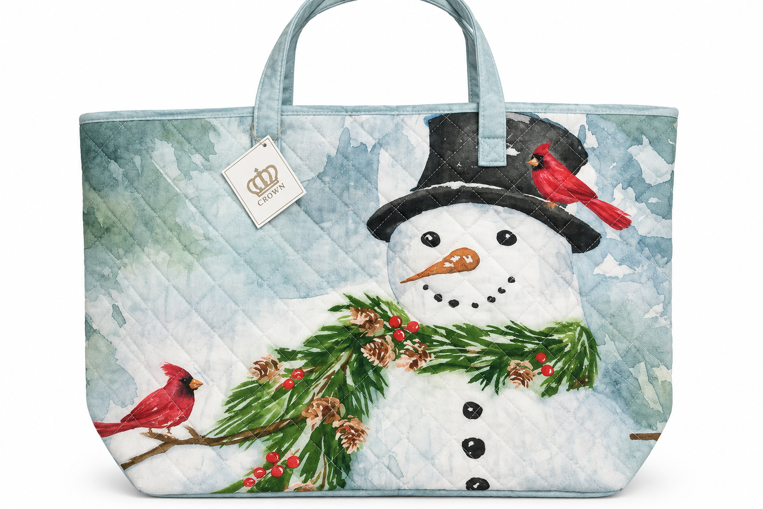 Home Comfort Winter Snowman & Red Cardinals Quilted Large Tote Bag
