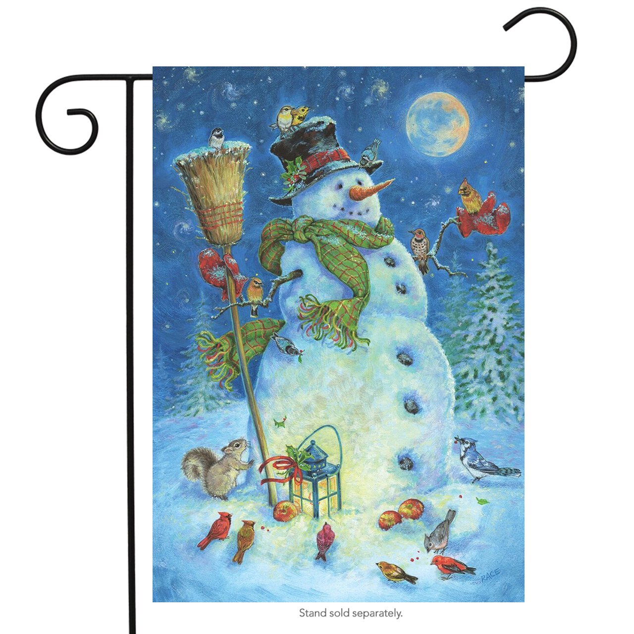 Moonlit Snowman Winter Garden Flag Lantern BIrds 12.5" x 18" Briarwood Lane