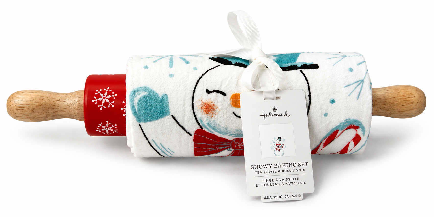 Hallmark "Snowy Baking Set" Wooden Rolling Pin & Snowman Tea Towel 2-Piece Gift Set