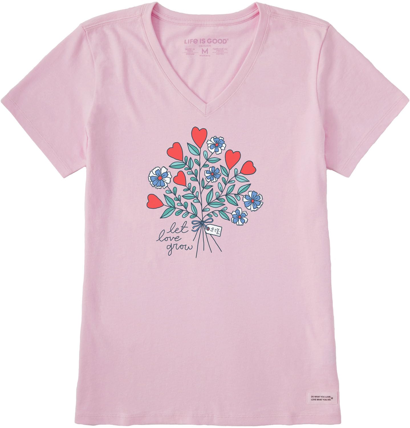 MD Life is Good - Womens Let Love Grow Heart Flowers T-Shirt, Color Seashell Pink, Size: Medium