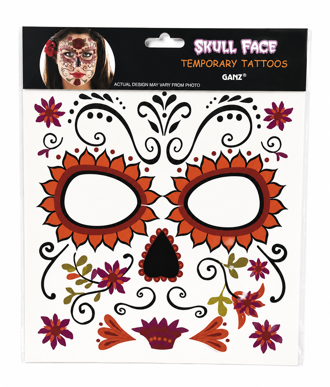 Orange Skull Face Temporary Tattoos Day of the Dead Sugar Skull Dia De Los Muertos, GANZ