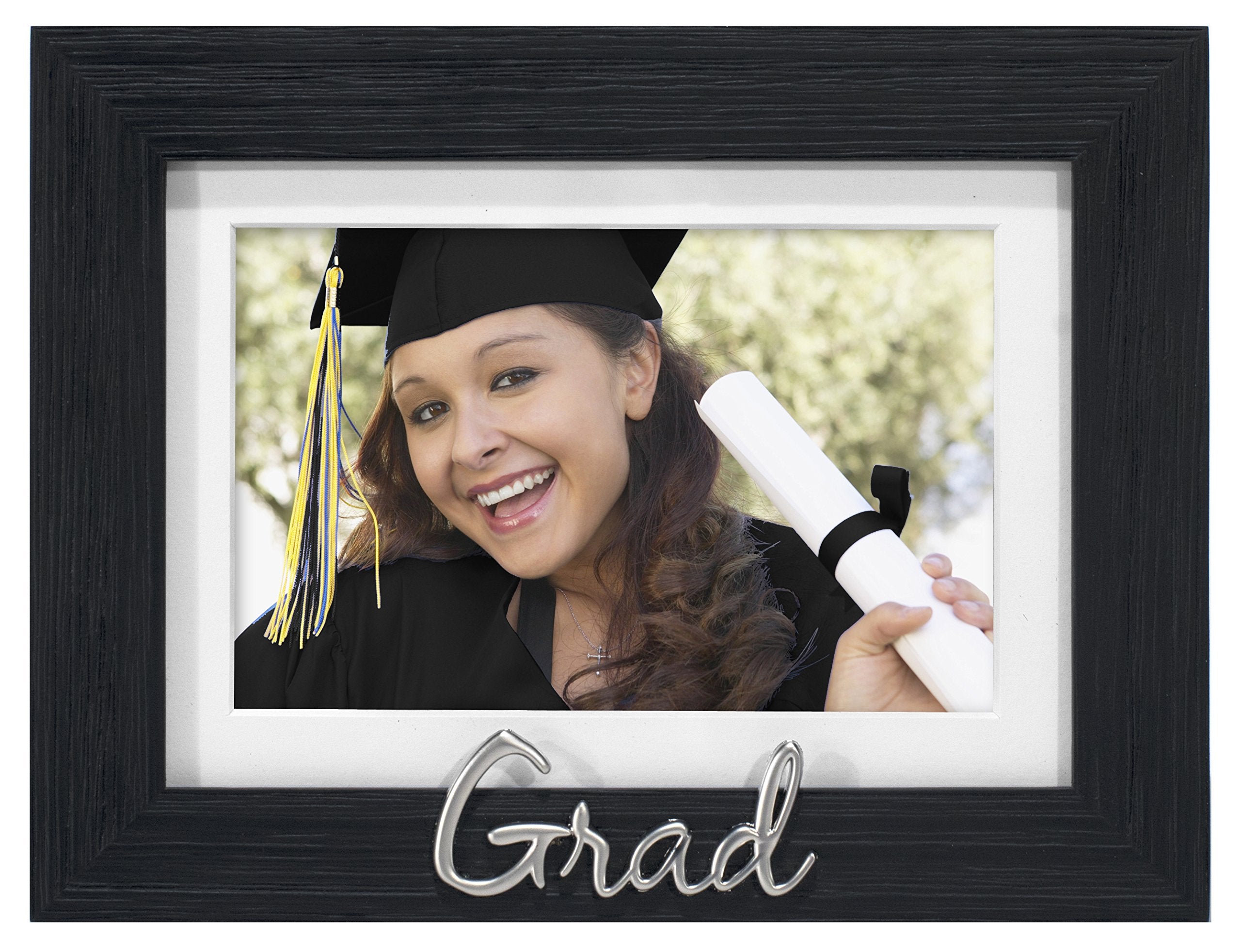 Malden International Designs 4x6 or 5x7 Graduation Distressed Expressions Picture Frame Silver Finish Grad Word Attachment Black Textured Wood Grain Finish MDF Frame White Beveled Mat
