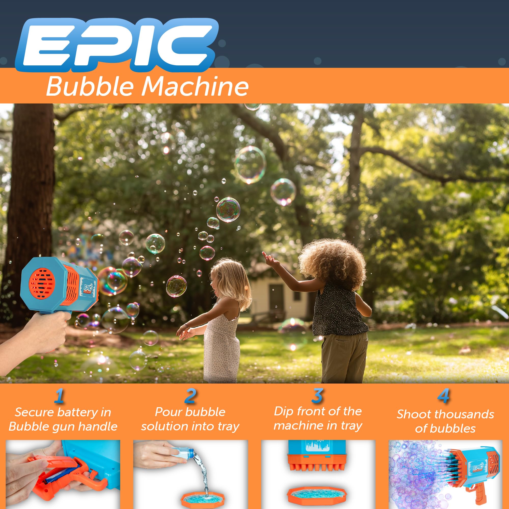 Epic Bubble Machine Gun – Bubble Tray for 69 Bubble Holes – RGB Lighting Effects – USB Rechargeable Battery for Hours of Fun – 2 Bubble Solution Bottles – Outdoor Indoor Toy for Adults Kids