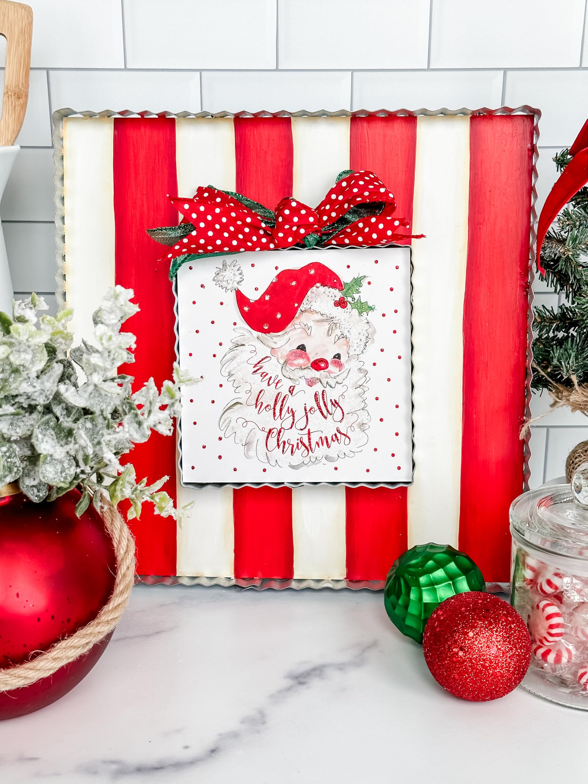 The Round Top Collection "Have a Holly Jolly Christmas" Vintage Santa Crimped Metal Plaque / Ornament