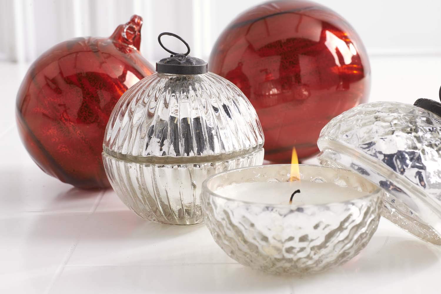 K&K Interiors Winter Wood Scented 3.5 Inch Filled Silver Mercury Glass Lidded Ornament Candles