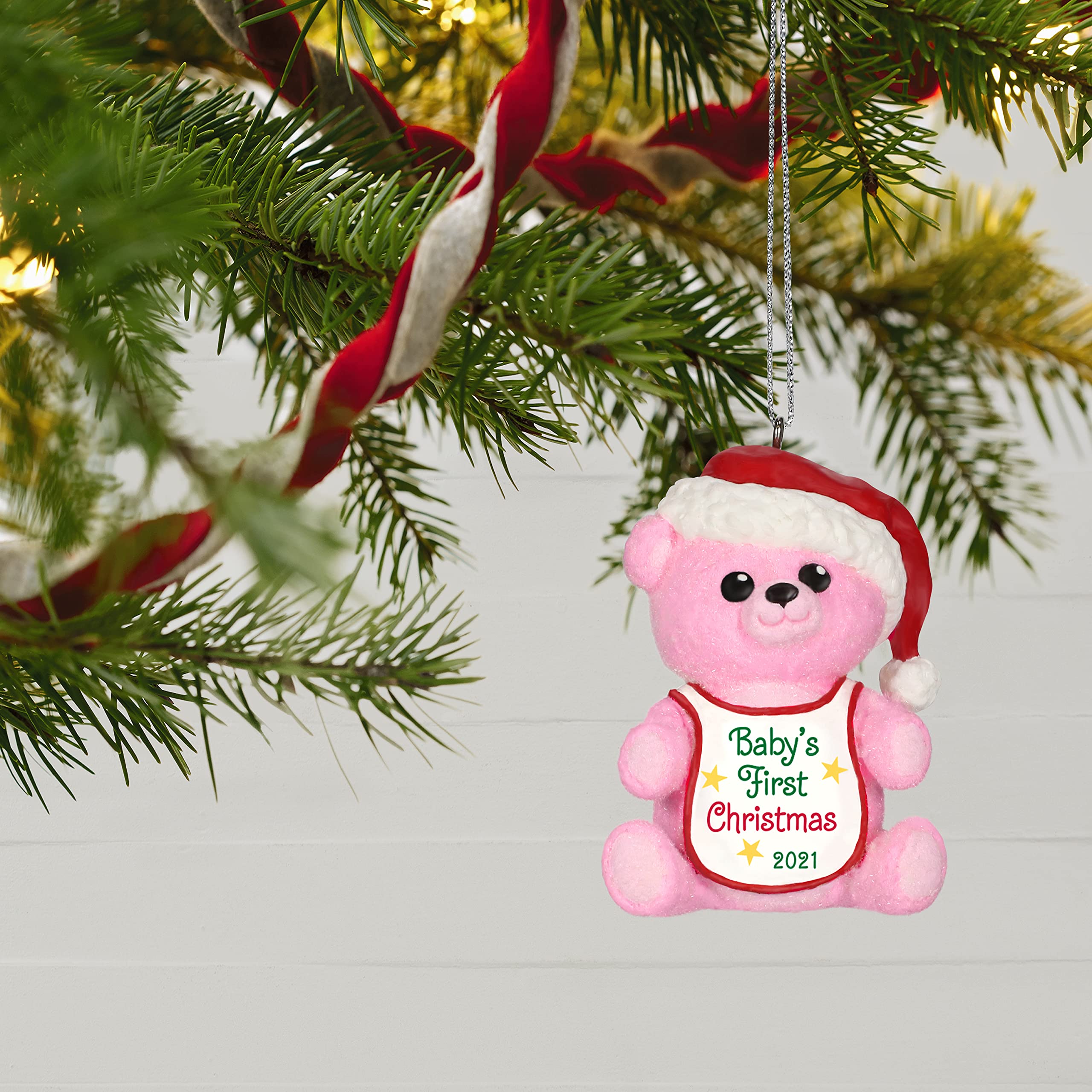 Hallmark Keepsake Christmas Ornament, Year Dated 2021, Baby Girl's First Christmas Pink Bear