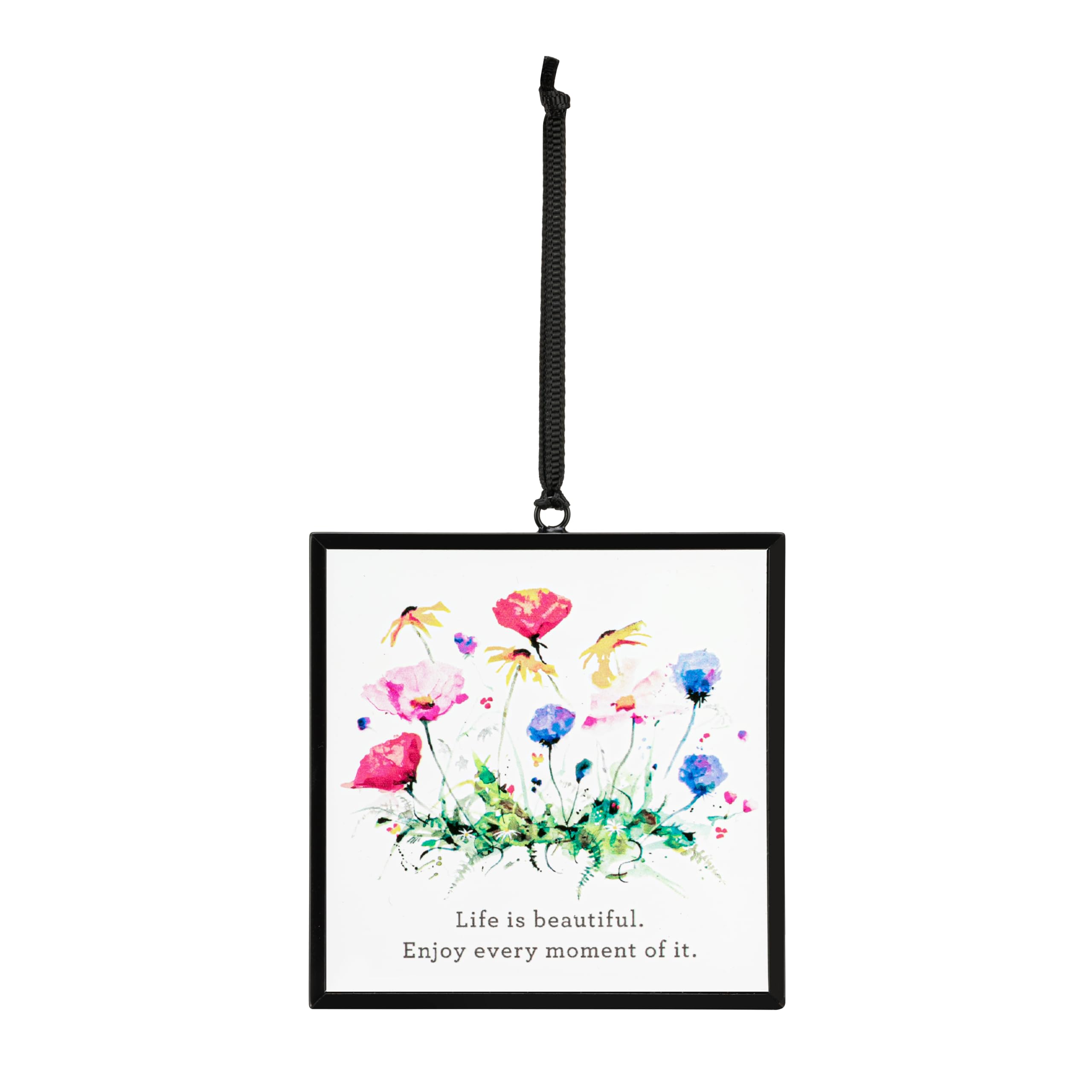 DEMDACO Dean Crouser Collection Life is Beautiful Enjoy Every Moment of It Watercolor Wildflowers 3 x 3 Iron and Glass Square Suncatcher Ornament Display