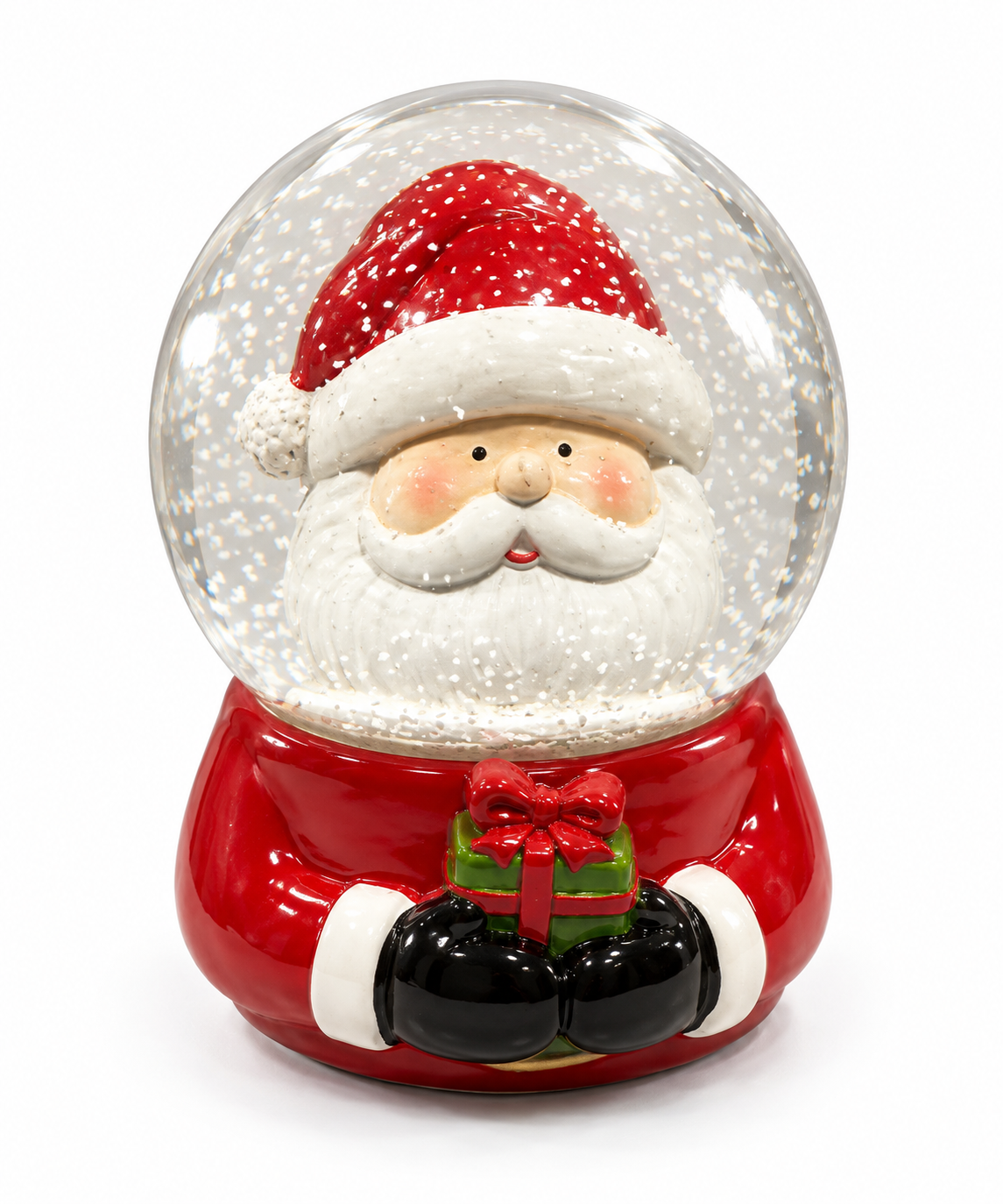 Santa Claus Holding Present Glass Head Christmas Snow Globe Tabletop Figurine