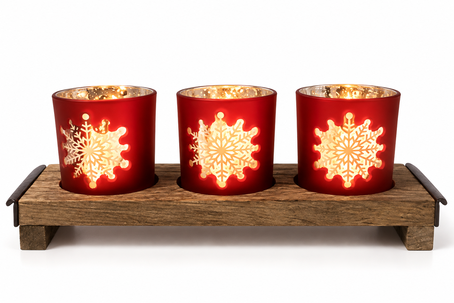 Grasslands Road Red Frosted Glass Snowflake Votive Tea Light Holders Wood Base