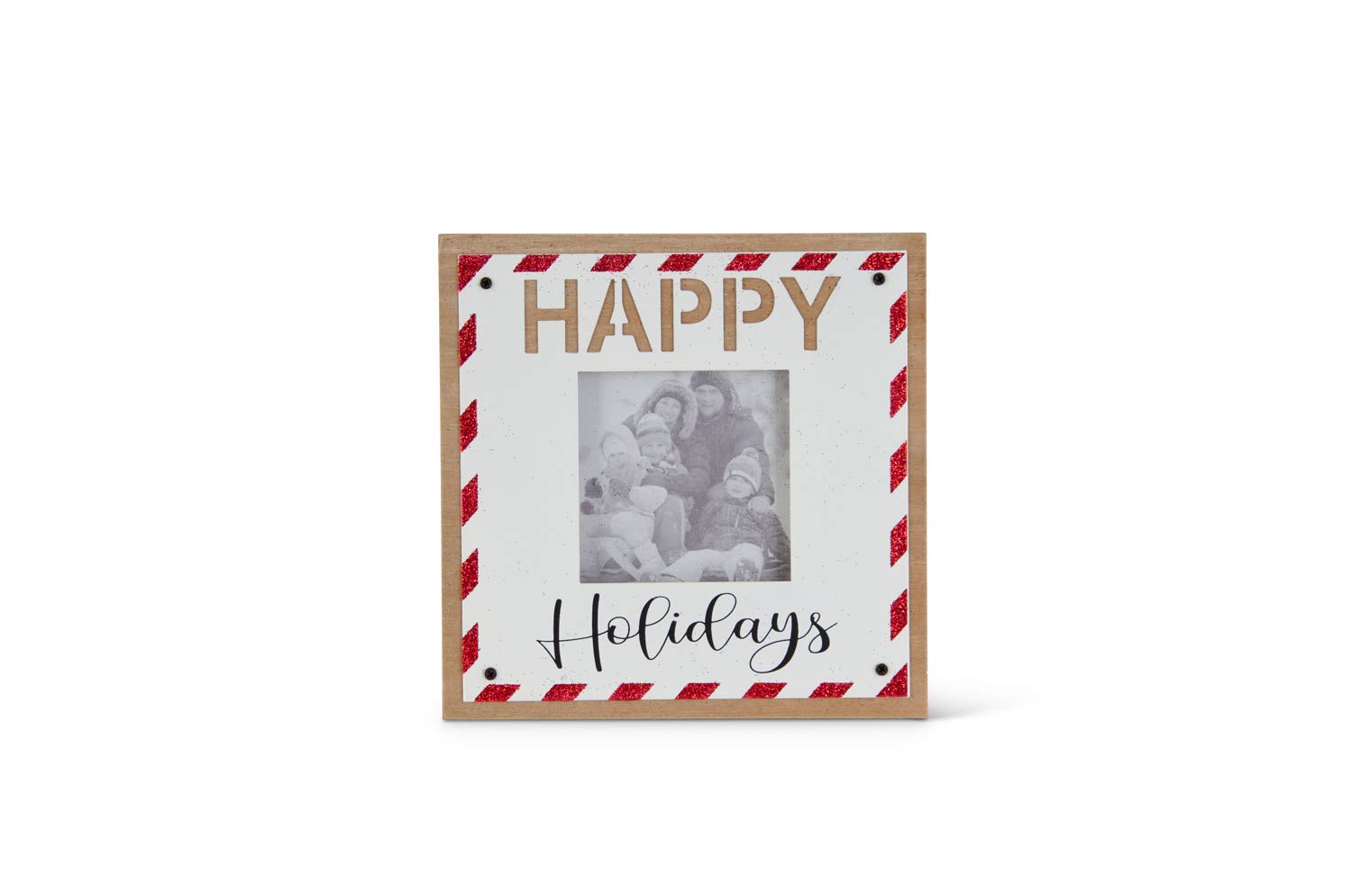 K&K Interiors "Happy Holidays" Red Glitter Candy Stripe Wood Frame
