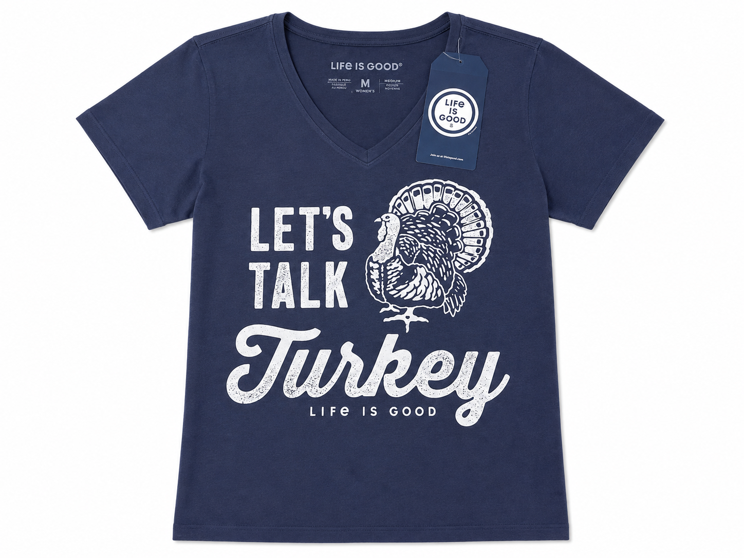 LG Life is Good Women's "Let's Talk Turkey" Graphic Crusher V-Neck T-Shirt (Blue, Size M)