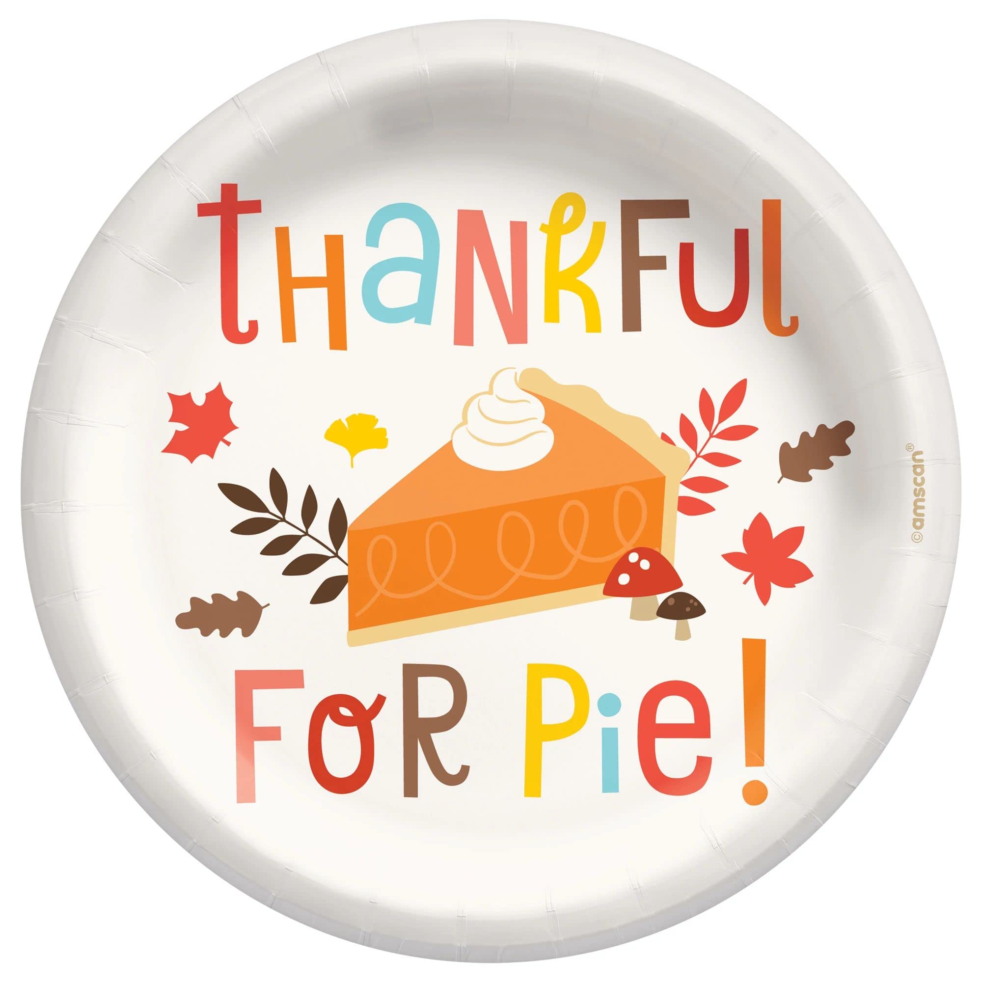 Multicolor Happy Turkey Day "Thankful For Pie!" Paper Round Plates - 6.75" (Pack Of 20)