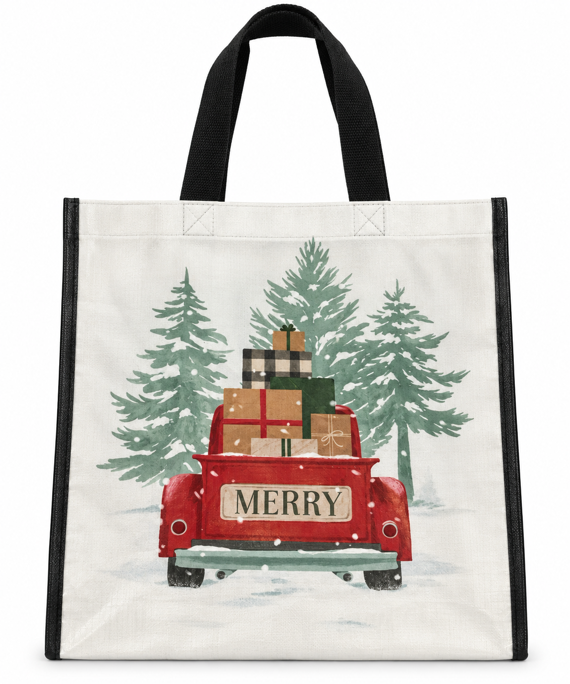 "Merry" Vintage Red Farm Truck Hallmark Christmas Reusable Tote Bag