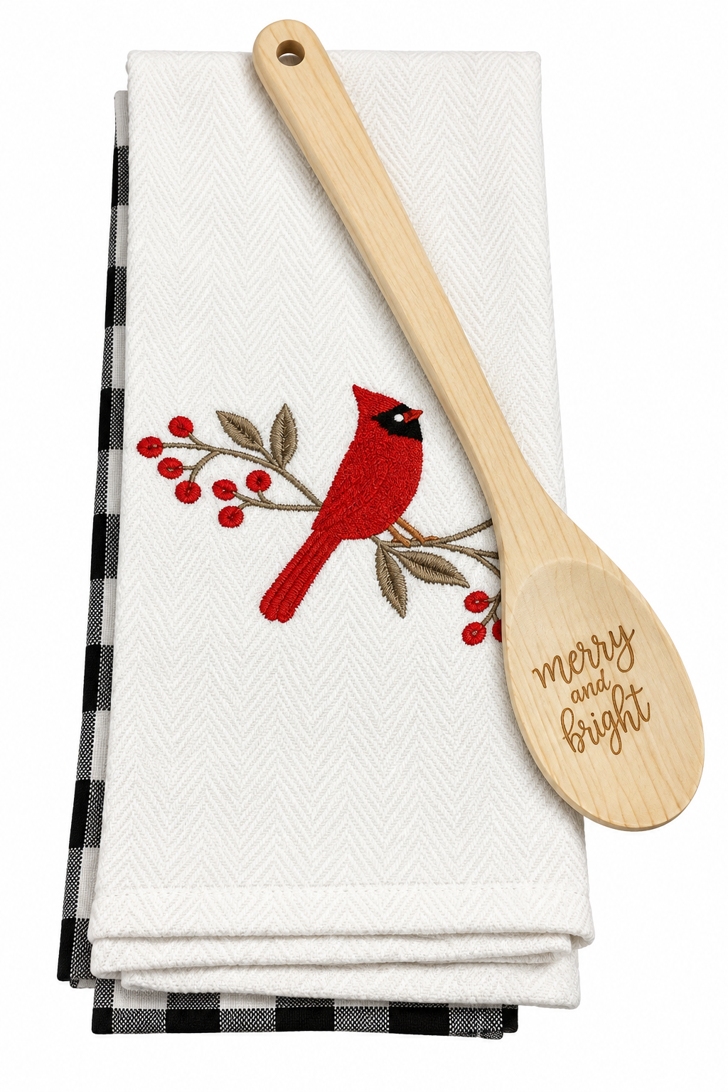 "Merry and Bright" Red Cardinal Nidico Kitchen Towels & Spoon 3 Pk Set
