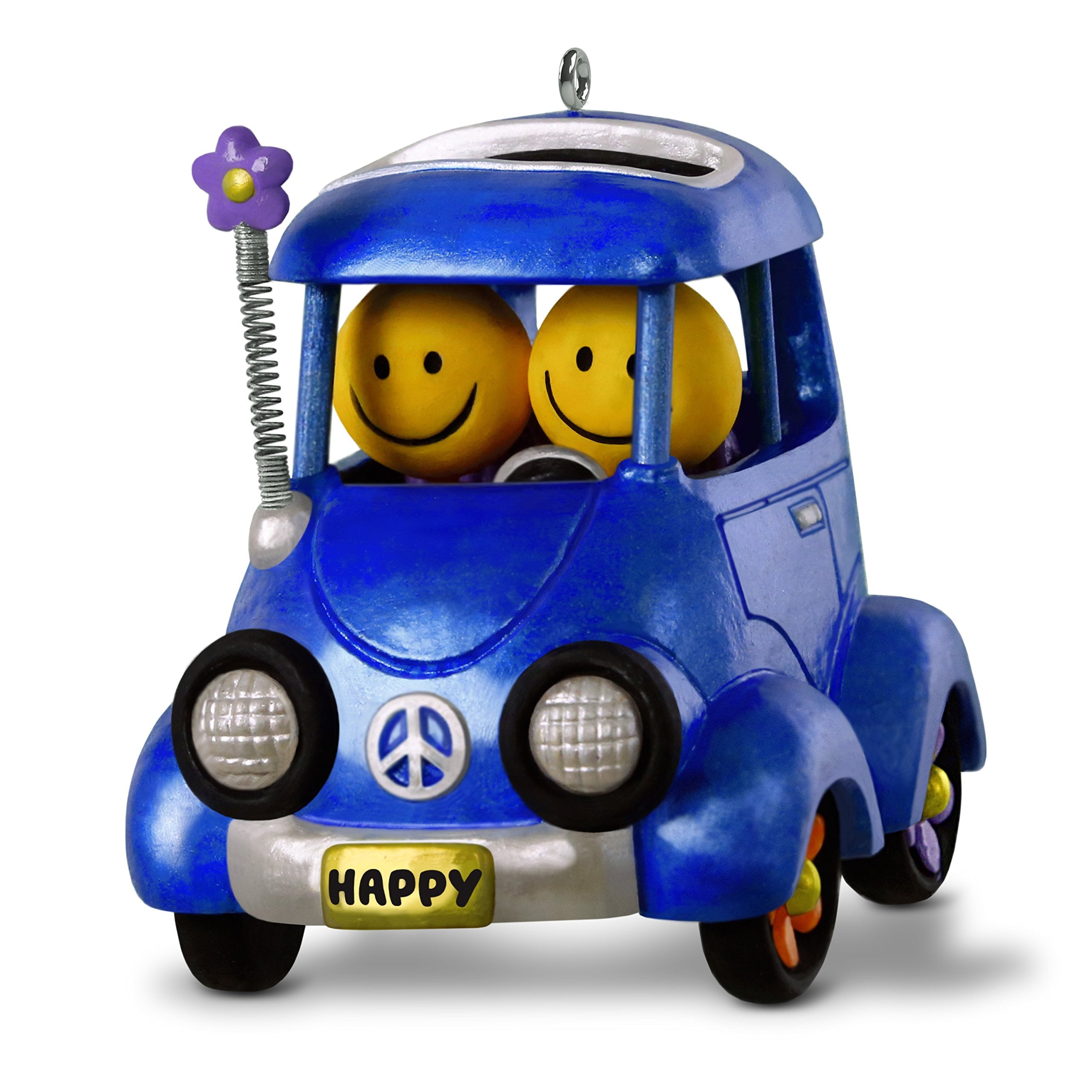 Hallmark Keepsake Christmas Ornament 2018 Year Dated Emoji Smile Face Happy Flower Power Car With Music and Solar Motion,