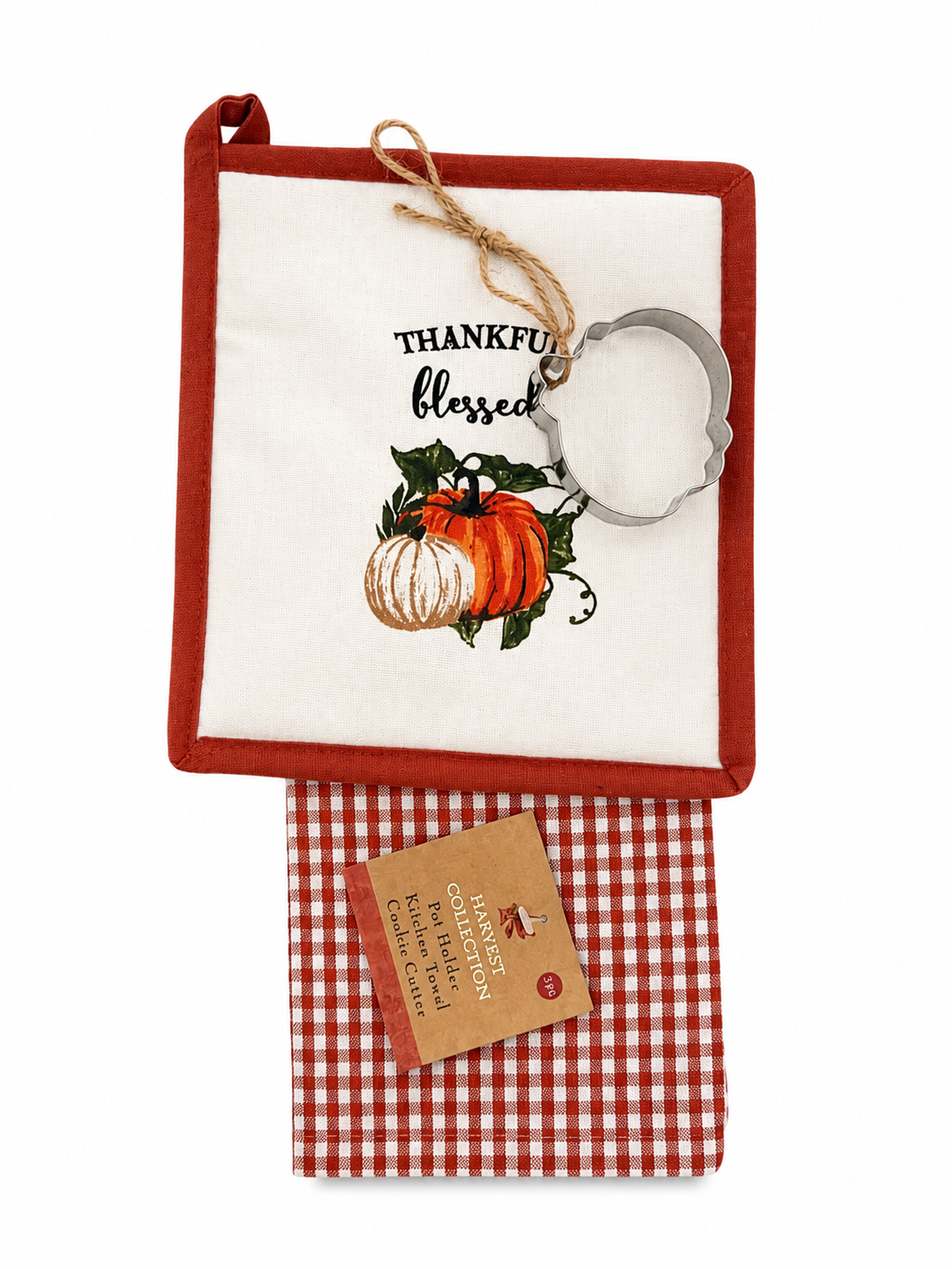 Nidico "Thankful, Blessed" 3-Piece Harvest Kitchen Set – Pot Holder, Red Gingham Towel & Pumpkin Cookie Cutter