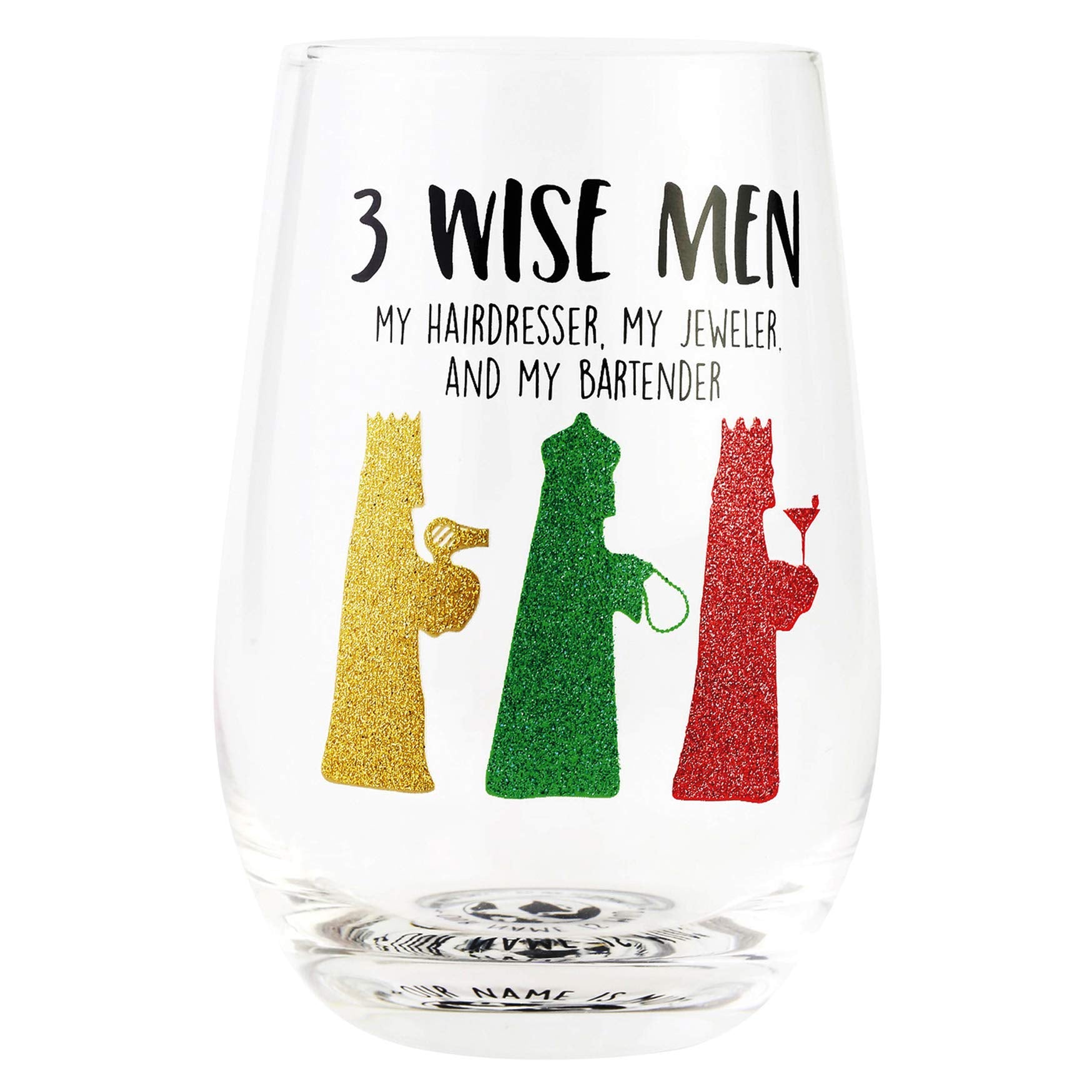 Enesco Our Name is Mud Holiday 3 Wise Men Hairdresser Jeweler and Bartender Glitter Stemless Wine Glass, 15 Ounce, Multicolor