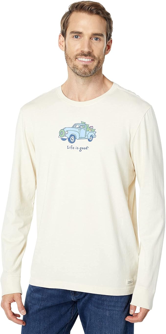 Life is Good Men's Rocket Holiday Truck Long Sleeve Vintage Crusher Tee, Putty White - Mens M