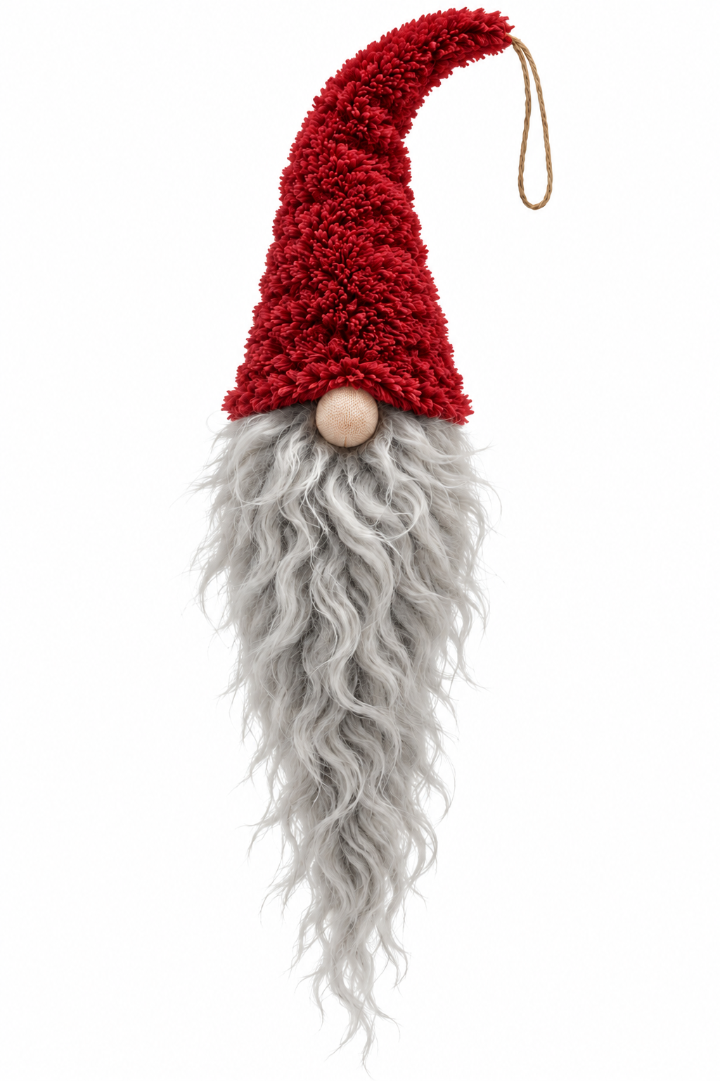 Plush Red Hat Gnome Hanging Ornament with Long Shaggy Beard