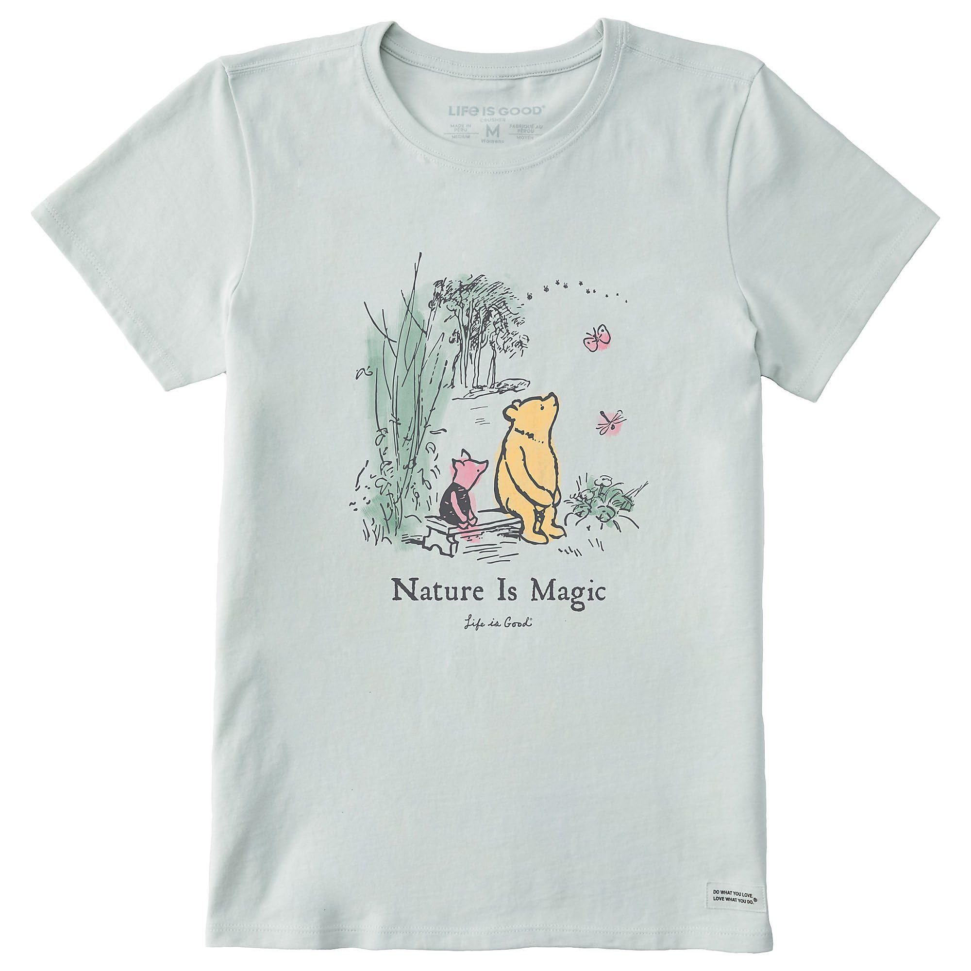 MD Life is Good Disney Winnie the Pooh "Nature Is Magic" Graphic Crusher T-Shirt (Light Gray, Size M)