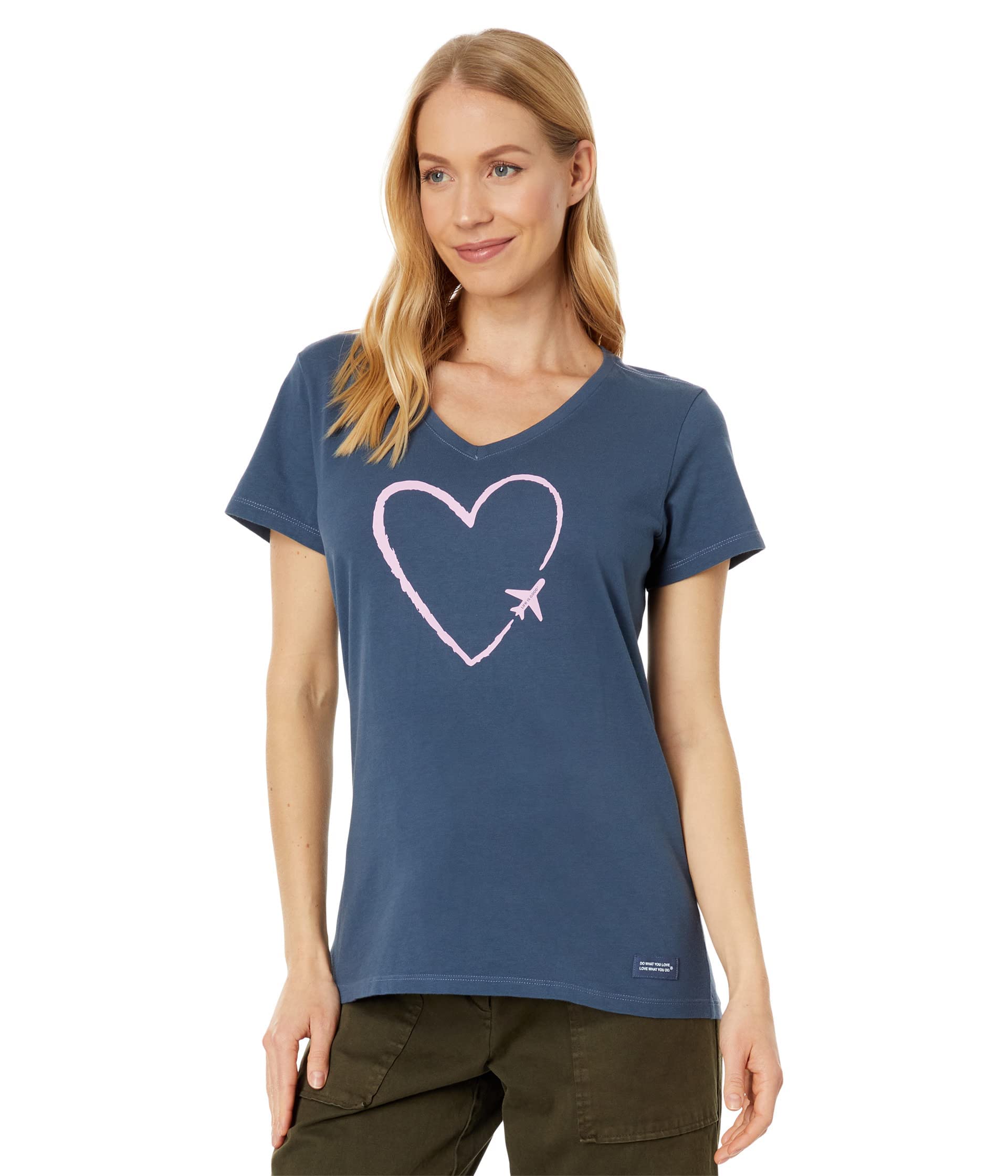 M Life is Good® Women’s Airplane Heart V-Neck Crusher Tee – Slate Blue / Charcoal