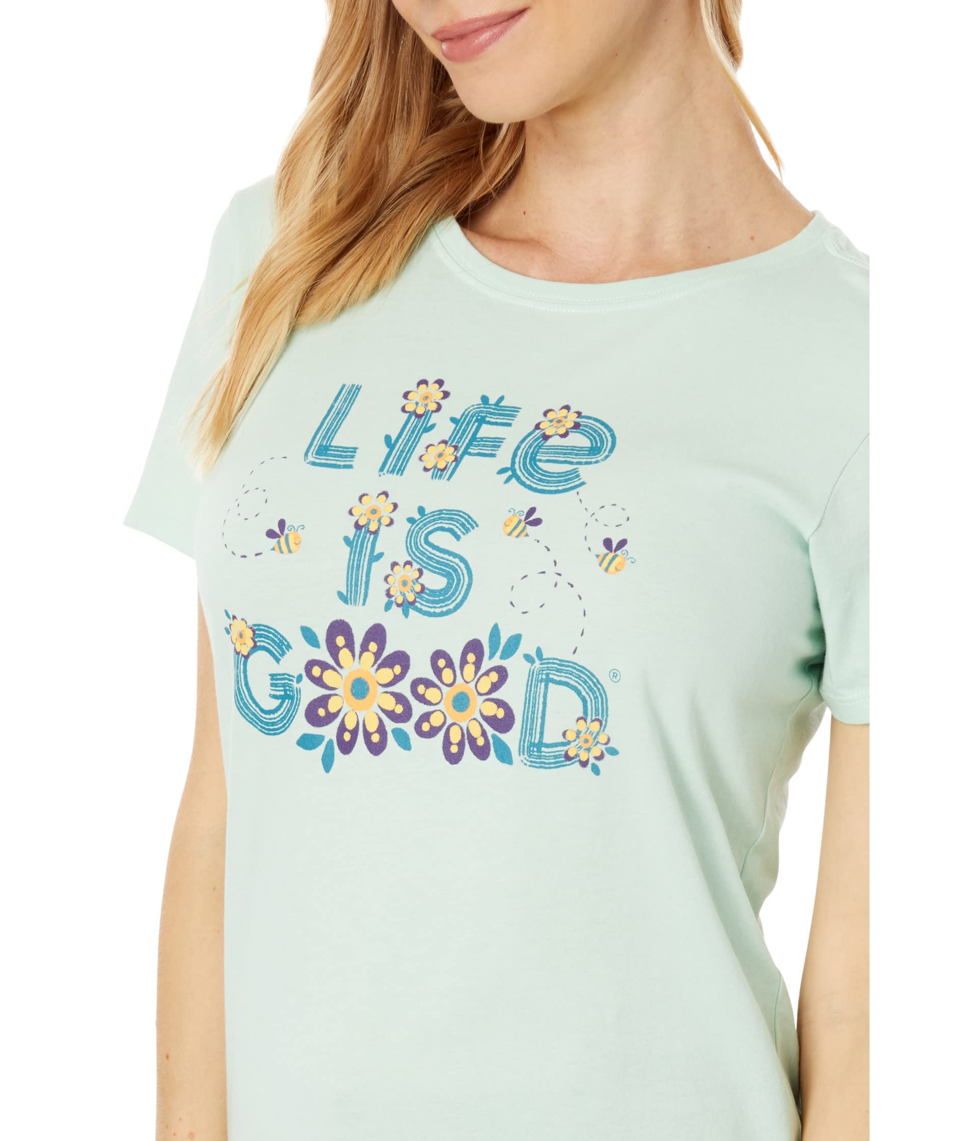 MD Life is Good Women's Floral & Bees Logo Graphic Crusher-Lite Crewneck T-Shirt (Light Green, Size M)