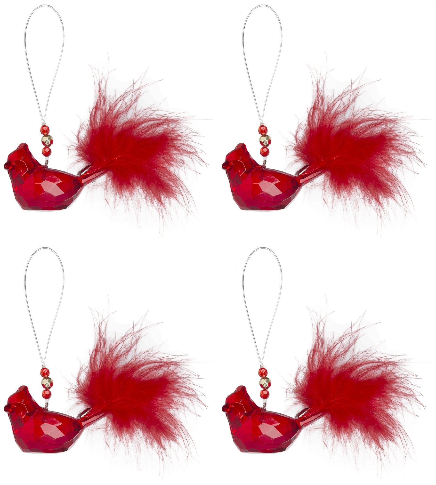 4" Feathered Cardinal Ornament - Set of 4