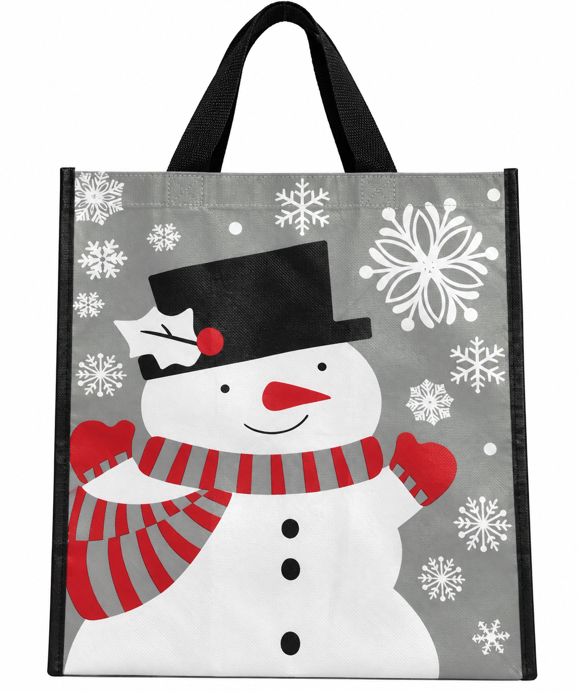 Snowman Christmas Reusable Gift Tote Bag Grey Snowflakes