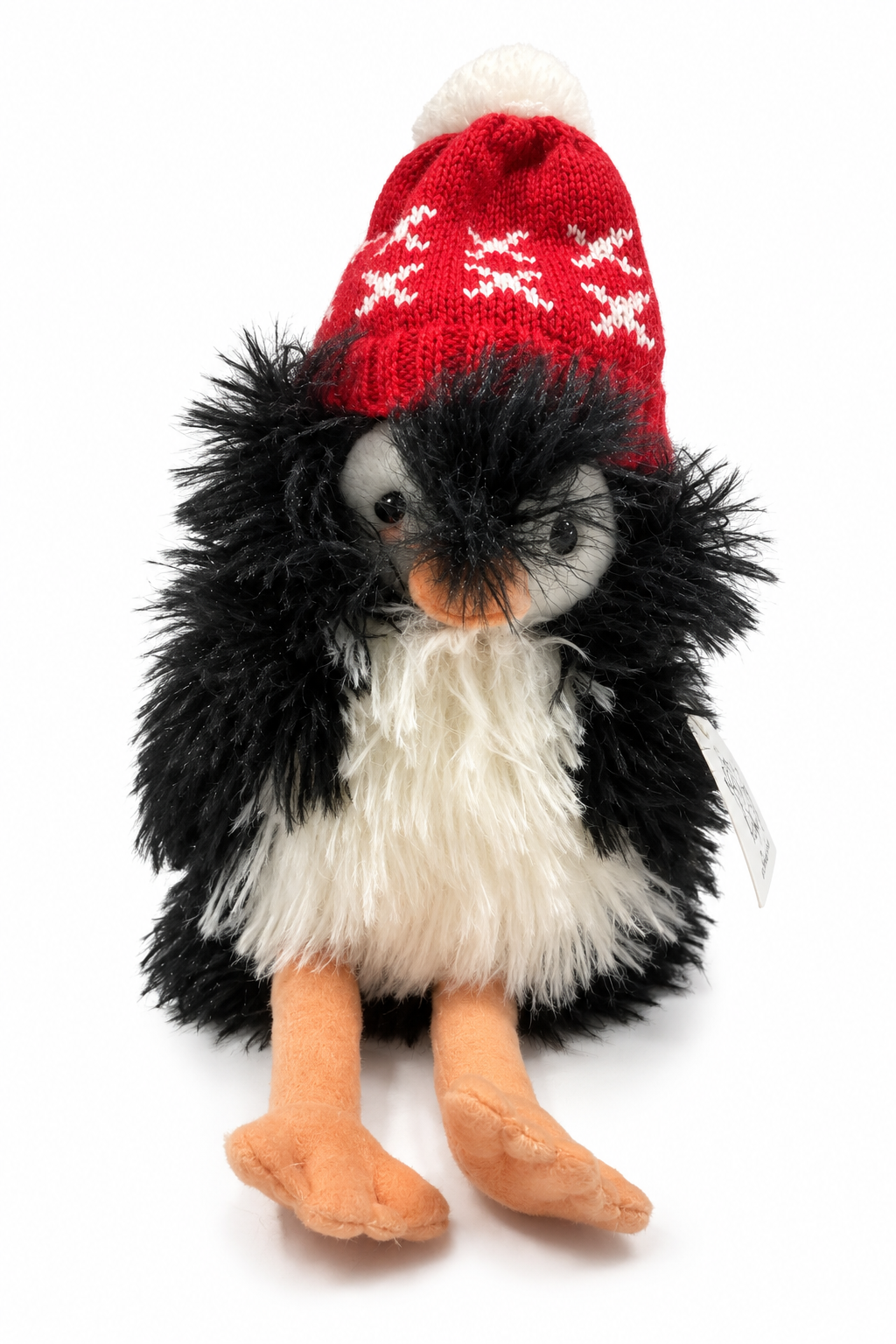 Shaggy Penguin Plush in Red Knit Winter Beanie Decor