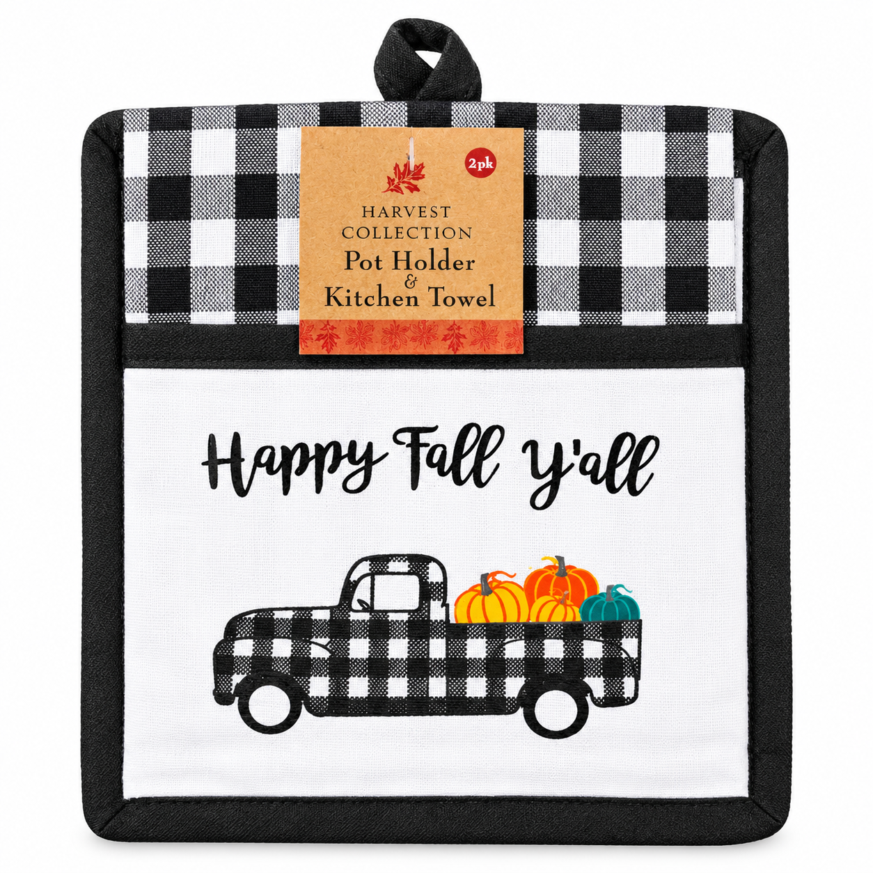 Nidico "Happy Fall Y'all" 2-Piece Kitchen Set – Buffalo Plaid Truck Pot Holder & Towel Set