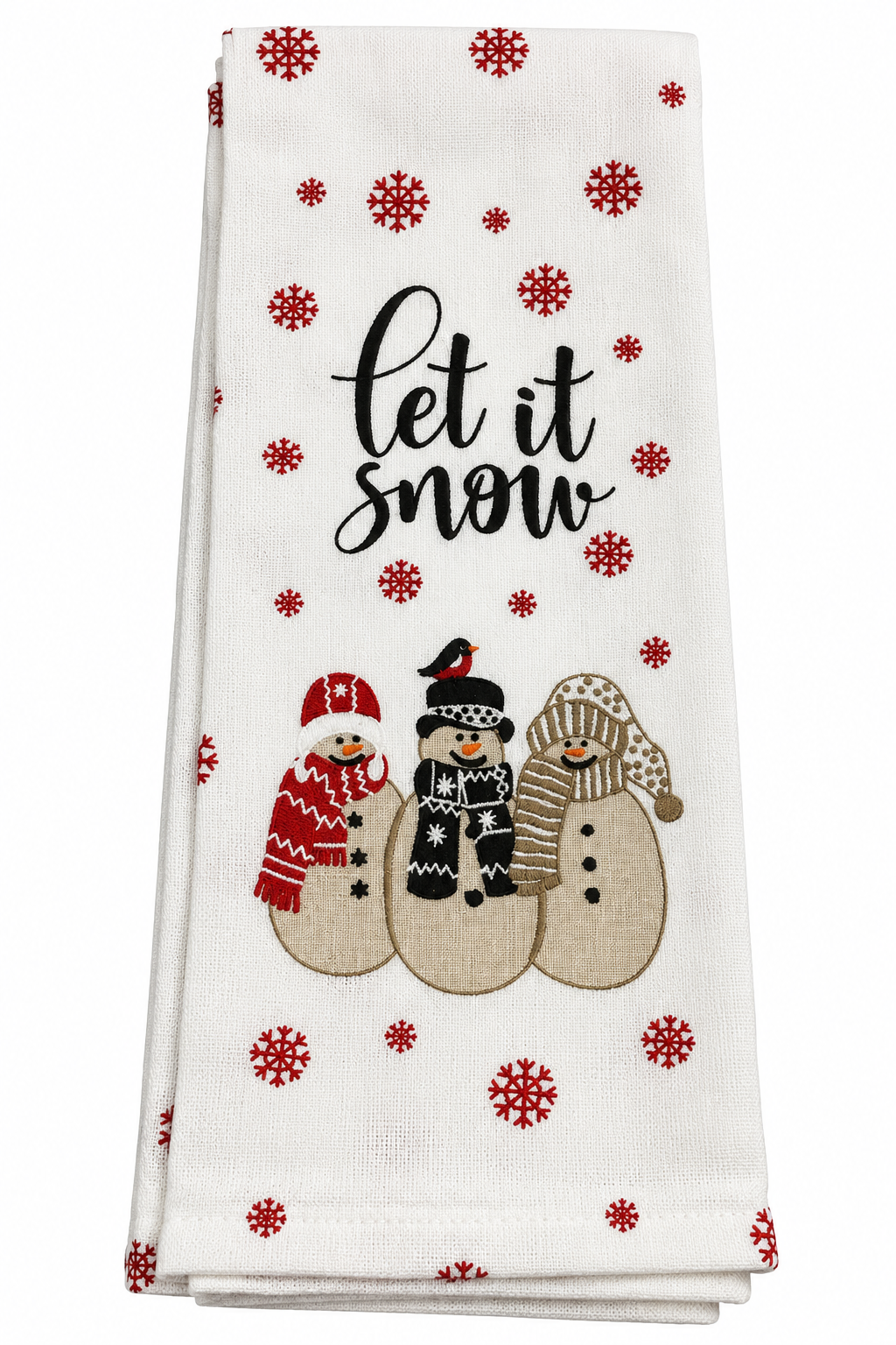"Let It Snow" Snowmen Nidico Kitchen Towel Holiday Collection Red Snowflakes