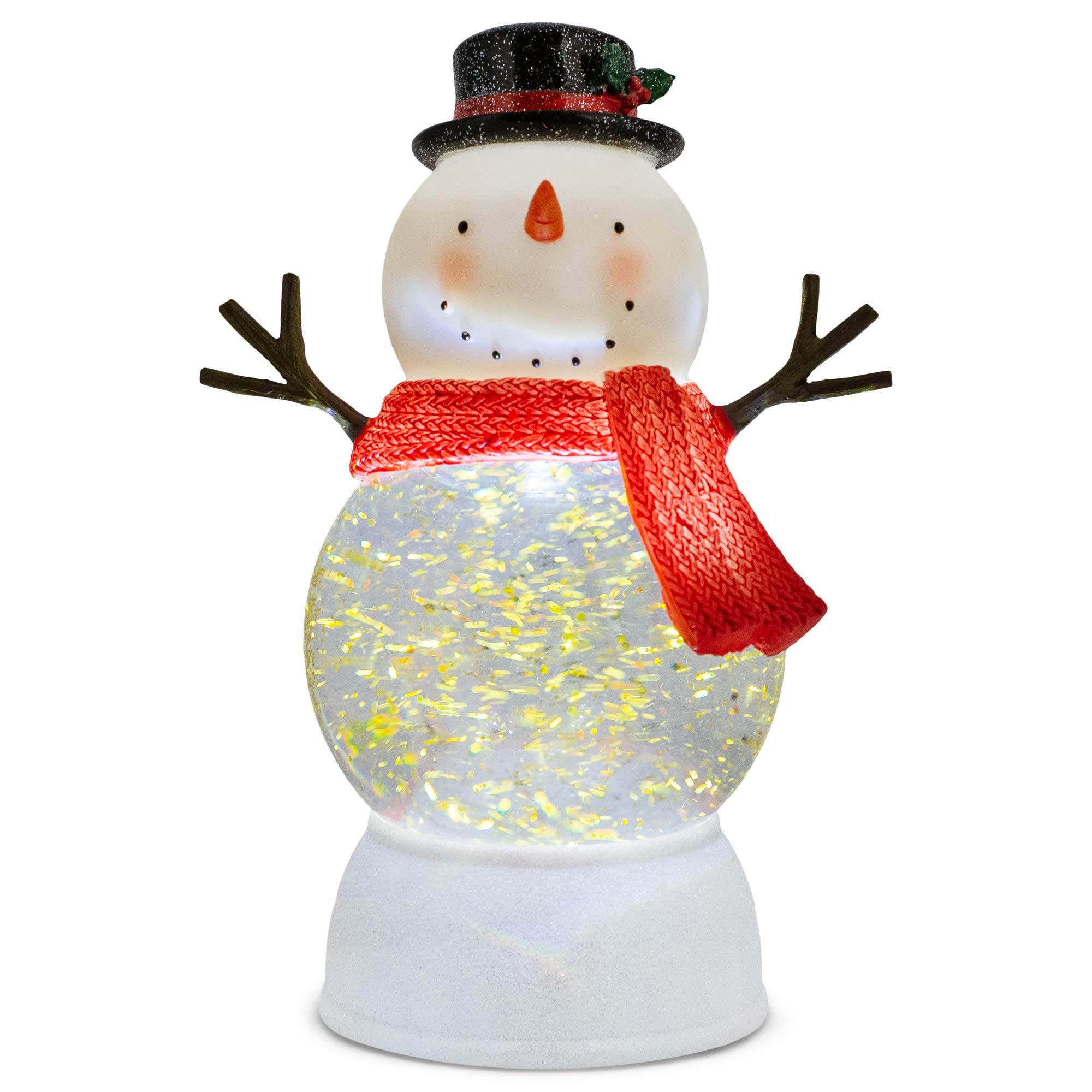Lighted Snowman Water Globe Tabletop Statue with Red Knit Scarf & Gold Glitter