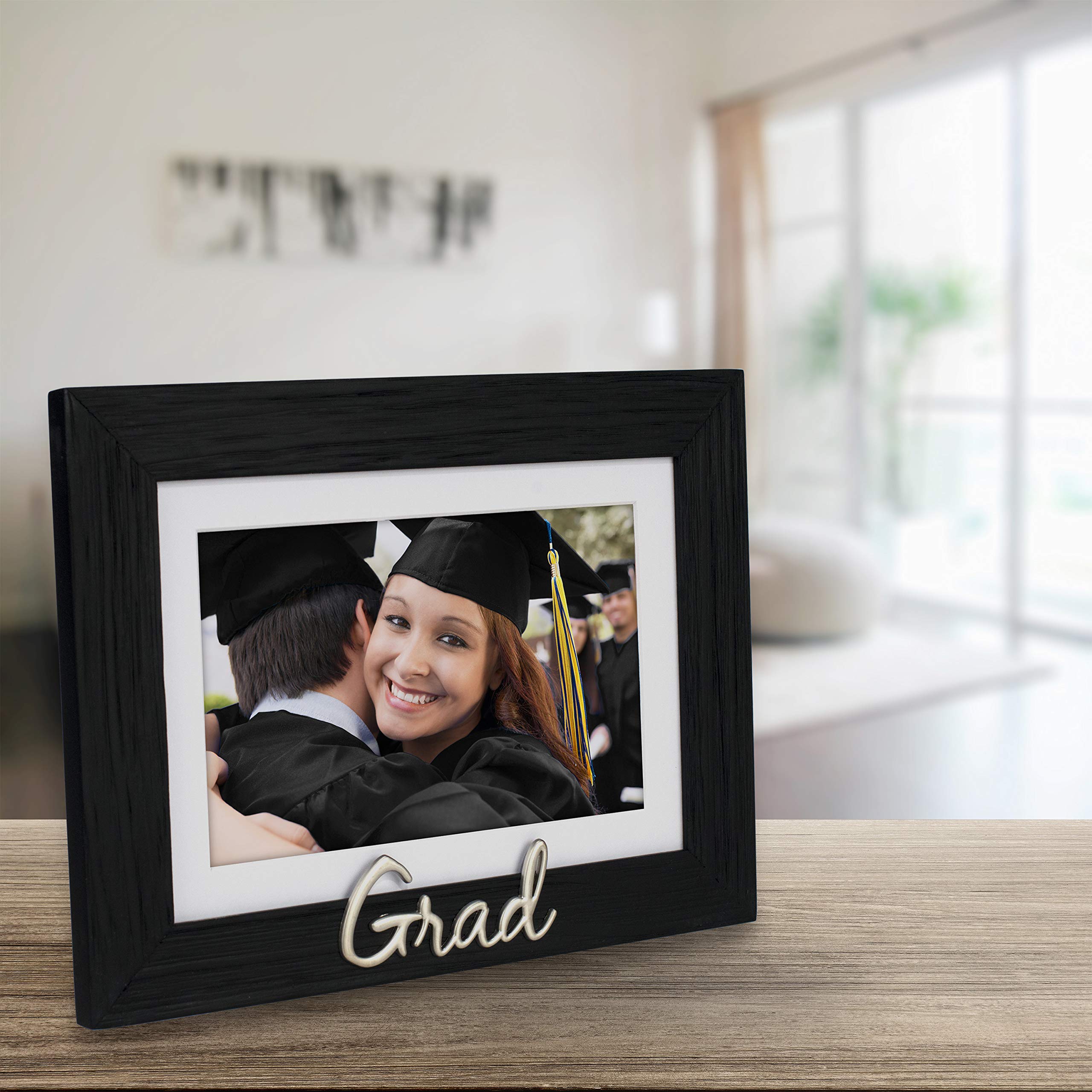 Malden International Designs 4x6 or 5x7 Graduation Distressed Expressions Picture Frame Silver Finish Grad Word Attachment Black Textured Wood Grain Finish MDF Frame White Beveled Mat