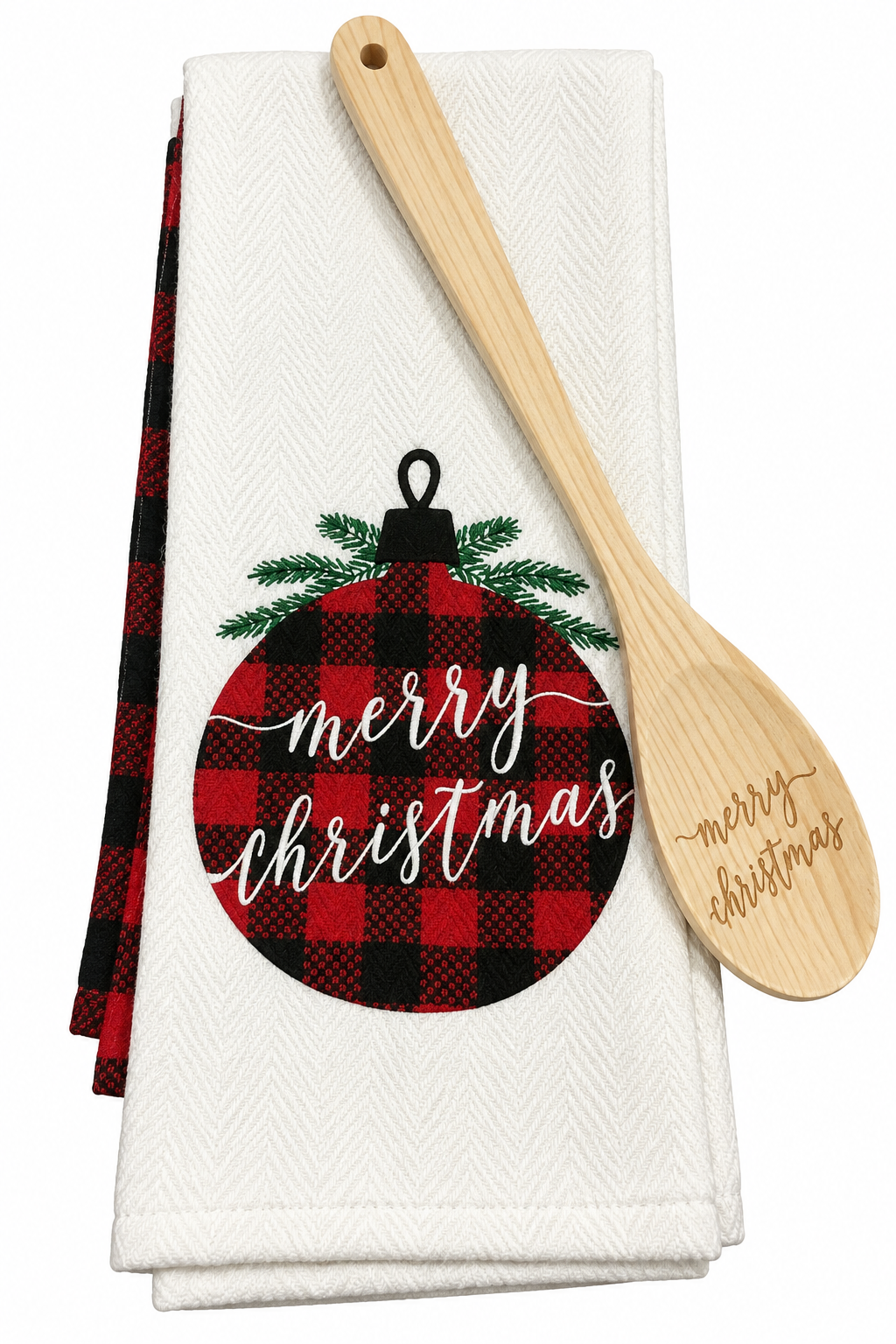 "Merry Christmas" Red Plaid Ornament Nidico Kitchen Towels & Spoon 3 Pk Set