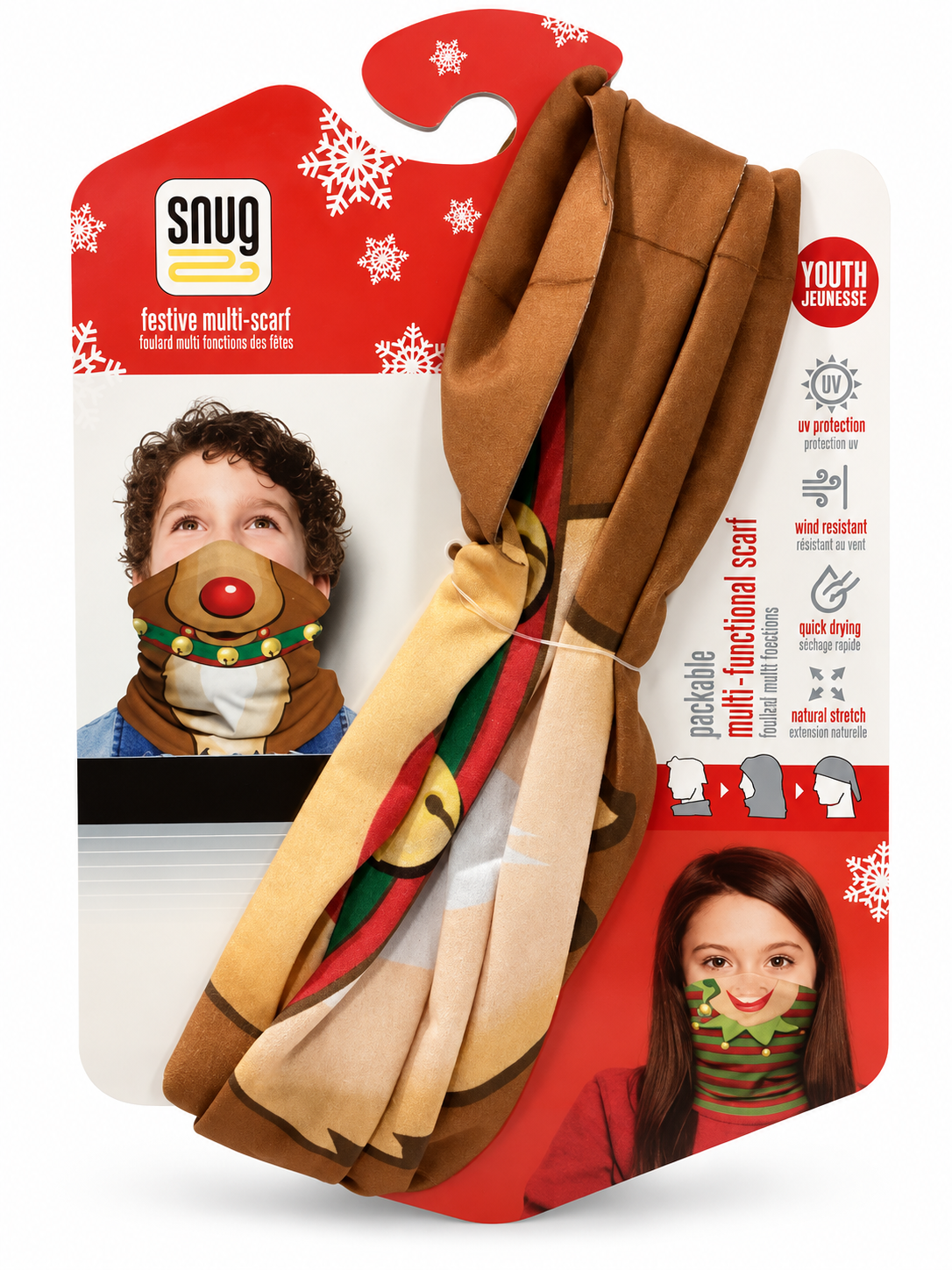Snug Festive Multi-Scarf Youth Neck Gaiter - Holiday Reindeer Face Cover & Bandana