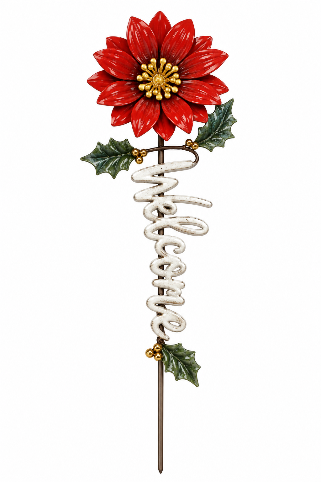 Rustic Metal Red Poinsettia Flower "Welcome" Christmas Garden & Planter Stake