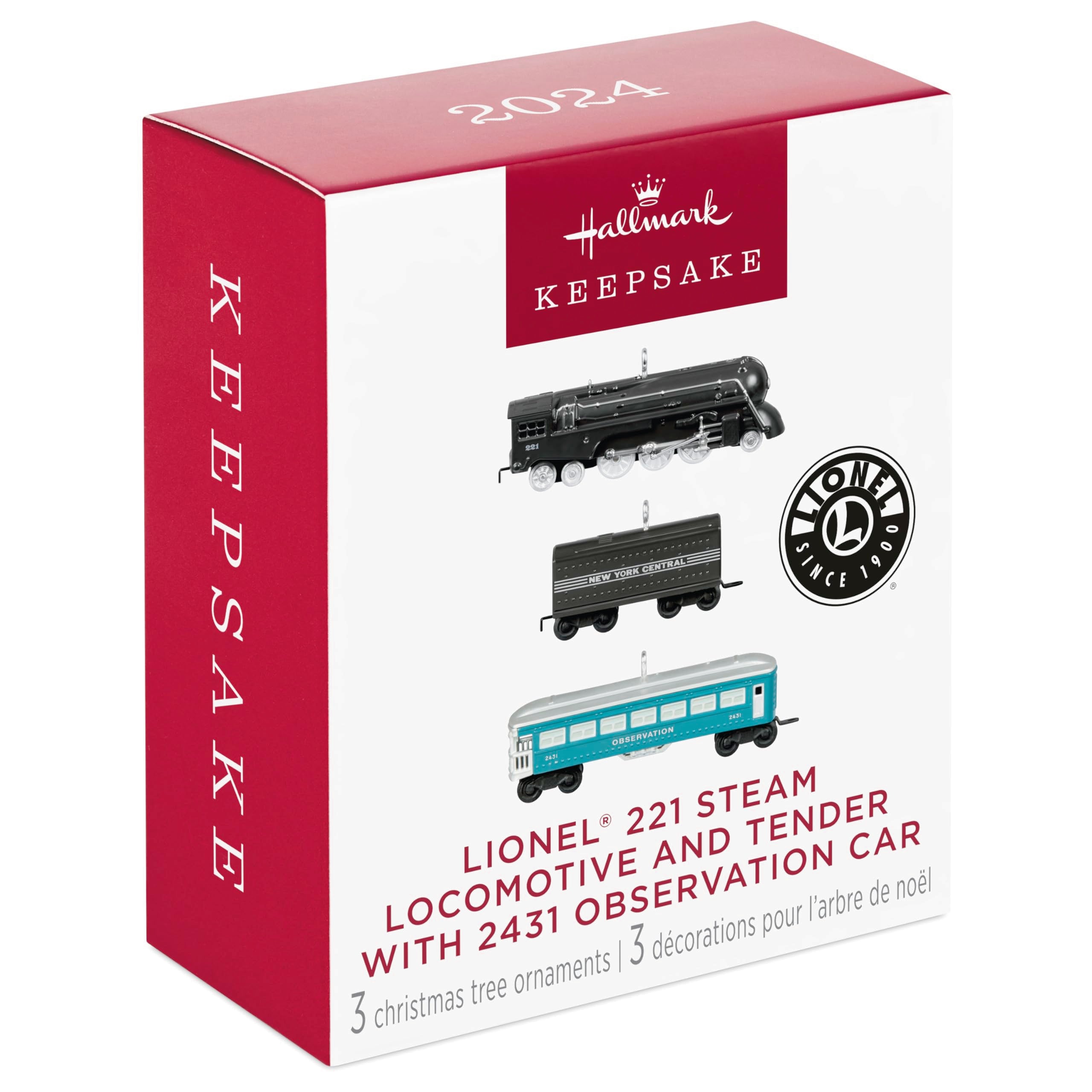 Hallmark Keepsake Mini Christmas Ornaments 2024, Lionel 221 Steam Locomotive and Tender With 2431 Observation Car, Set of 3, Gifts for Train Lovers