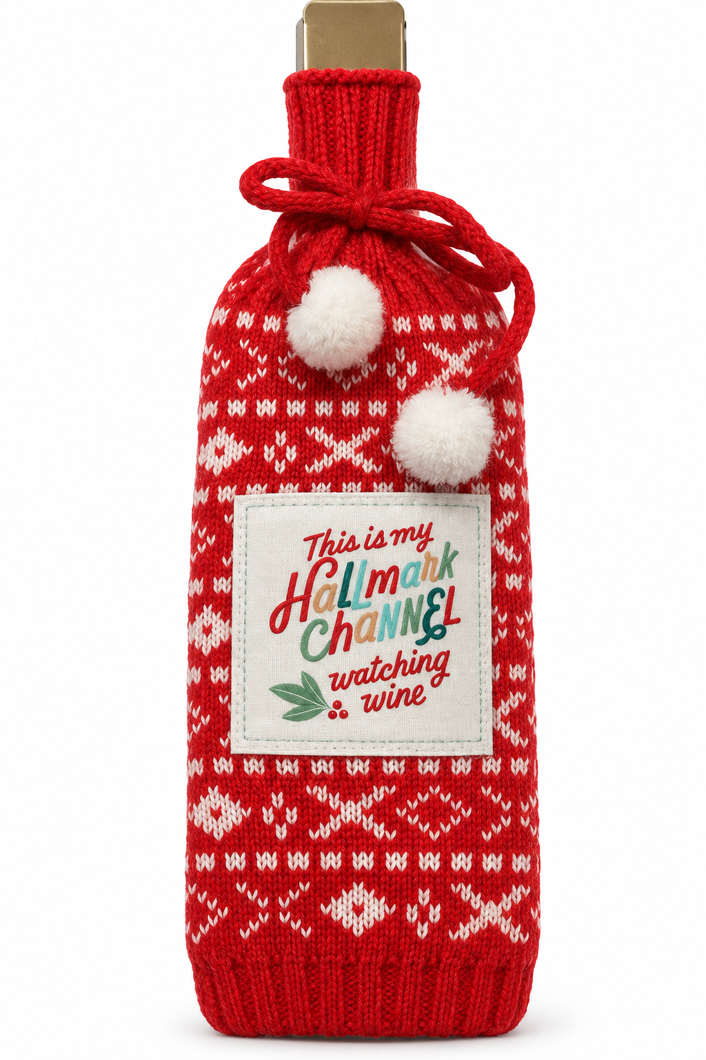 Hallmark Channel "This Is My Hallmark Channel Watching Wine" Red Knit Sweater Bottle Bag