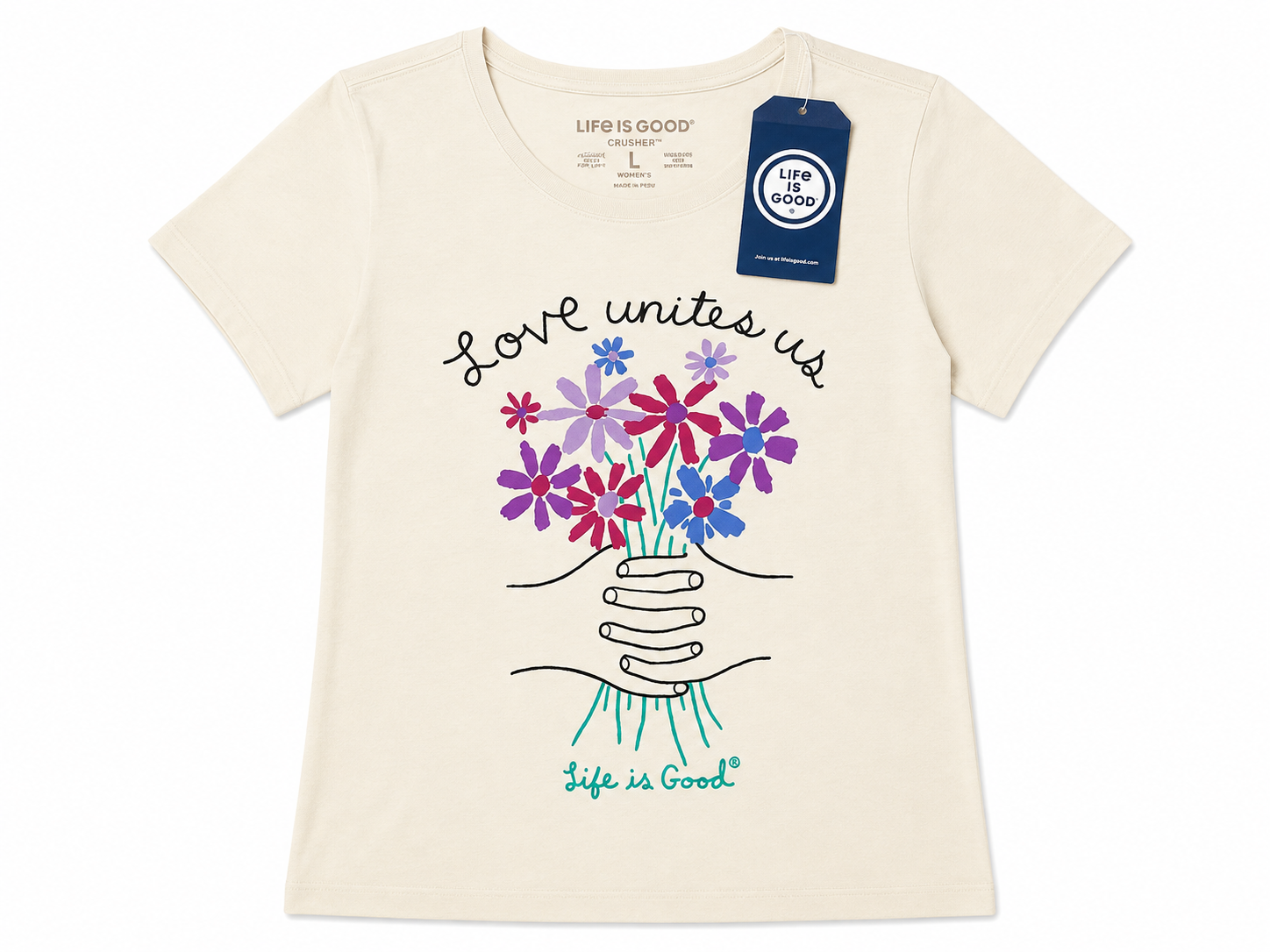 XL Life is Good Women's "Love Unites Us" Floral Hands T-Shirt