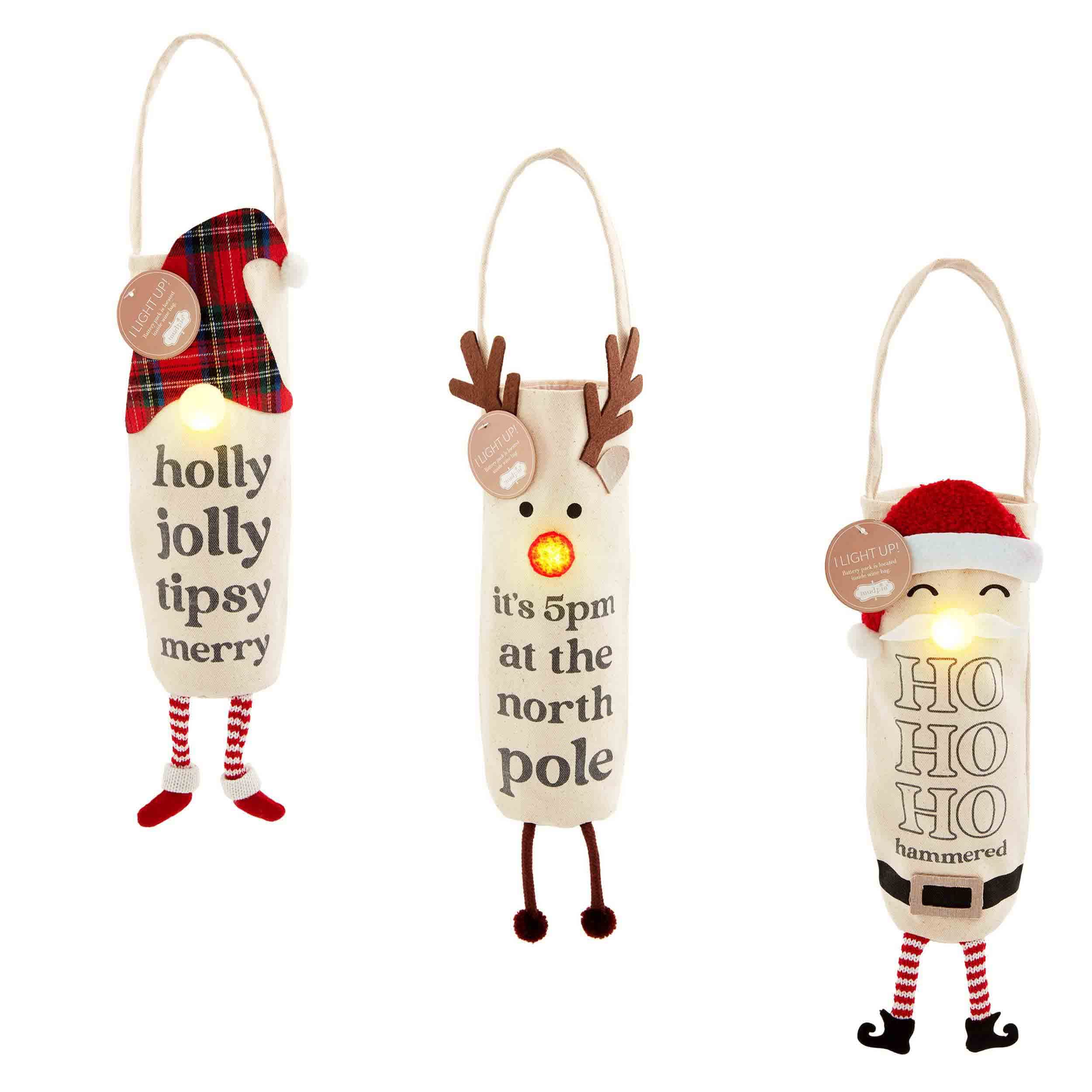 Mud Pie Light-Up Reindeer Wine Bottle Gift Bag - "It's 5pm at the North Pole" Canvas Christmas Carrier