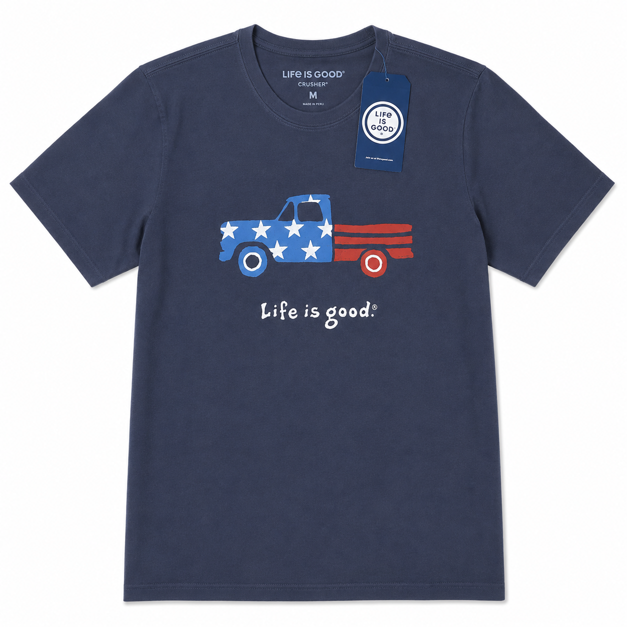 LG Life is Good Men's American Flag Vintage Pickup Truck Graphic Crusher Crewneck T-Shirt (Navy Blue)