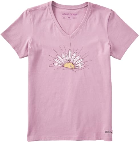 SM Life is Good Women's Rising Daisy Sun Graphic Crusher V-Neck T-Shirt (Dusty Lilac/Lavender, Size S)