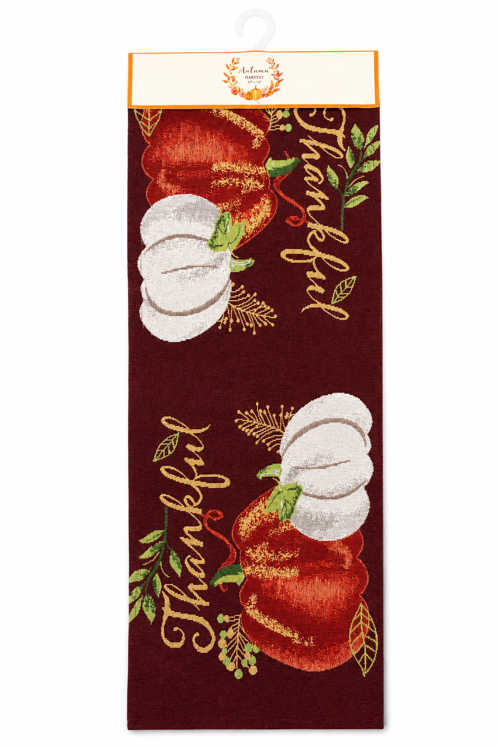Nidico "Thankful" Burgundy Tapestry Table Runner (17" x 72") – Autumn Harvest Pumpkin Dining Decor