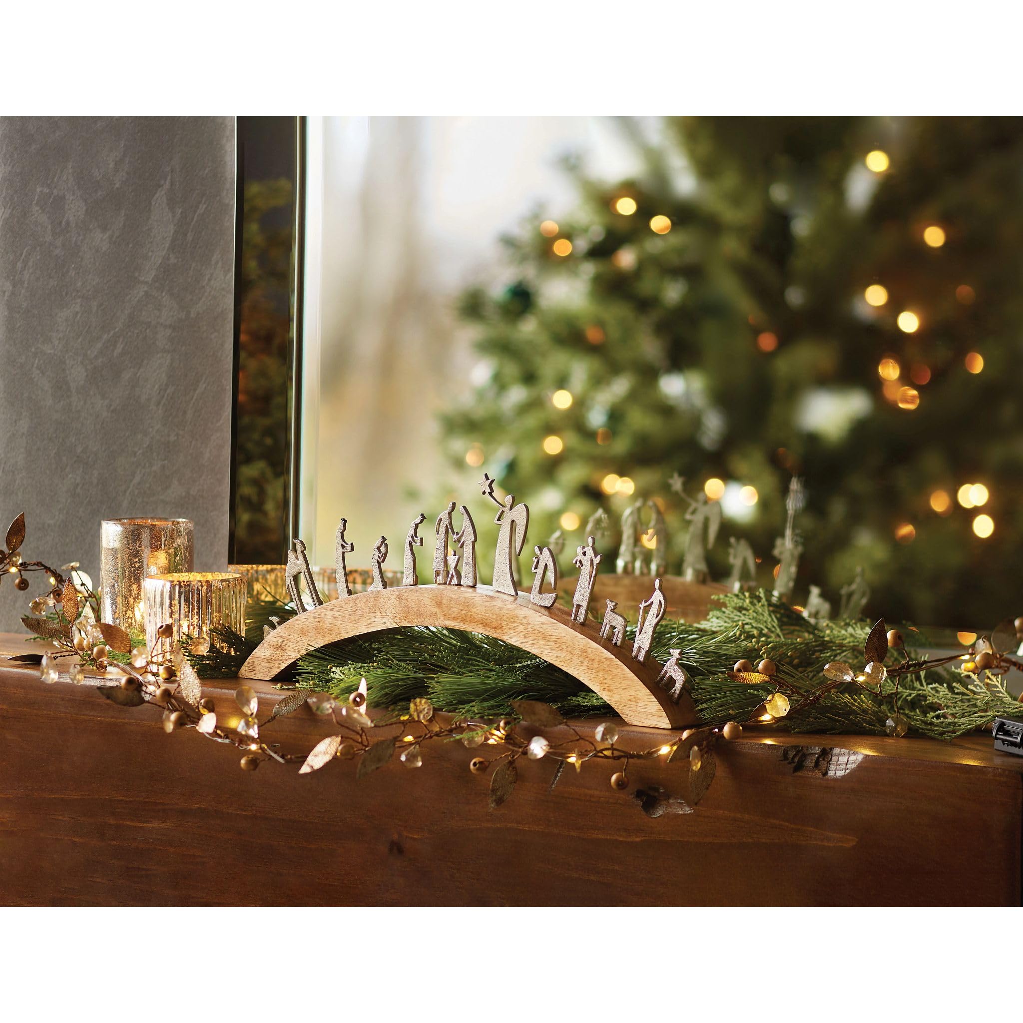 Enesco Arched Wooden Nativity Set with Silver Pewter Metal Figurines Tabletop Display