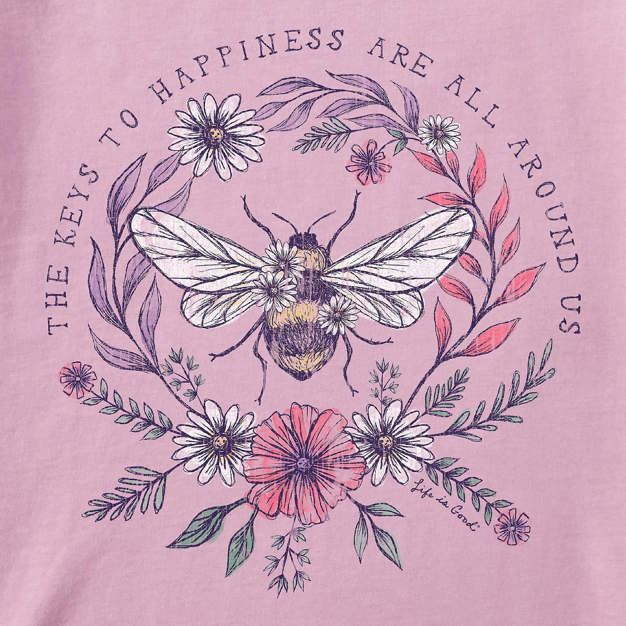 SM Life is Good Women's "The Keys to Happiness Are All Around Us" Bee Graphic Crusher Crewneck T-Shirt