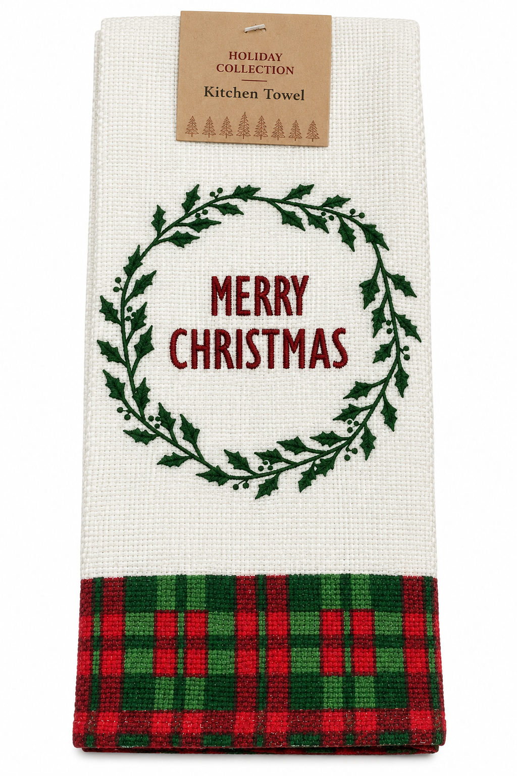 "Merry Christmas" Nidico Wreath Kitchen Towel Holiday Collection Plaid Border