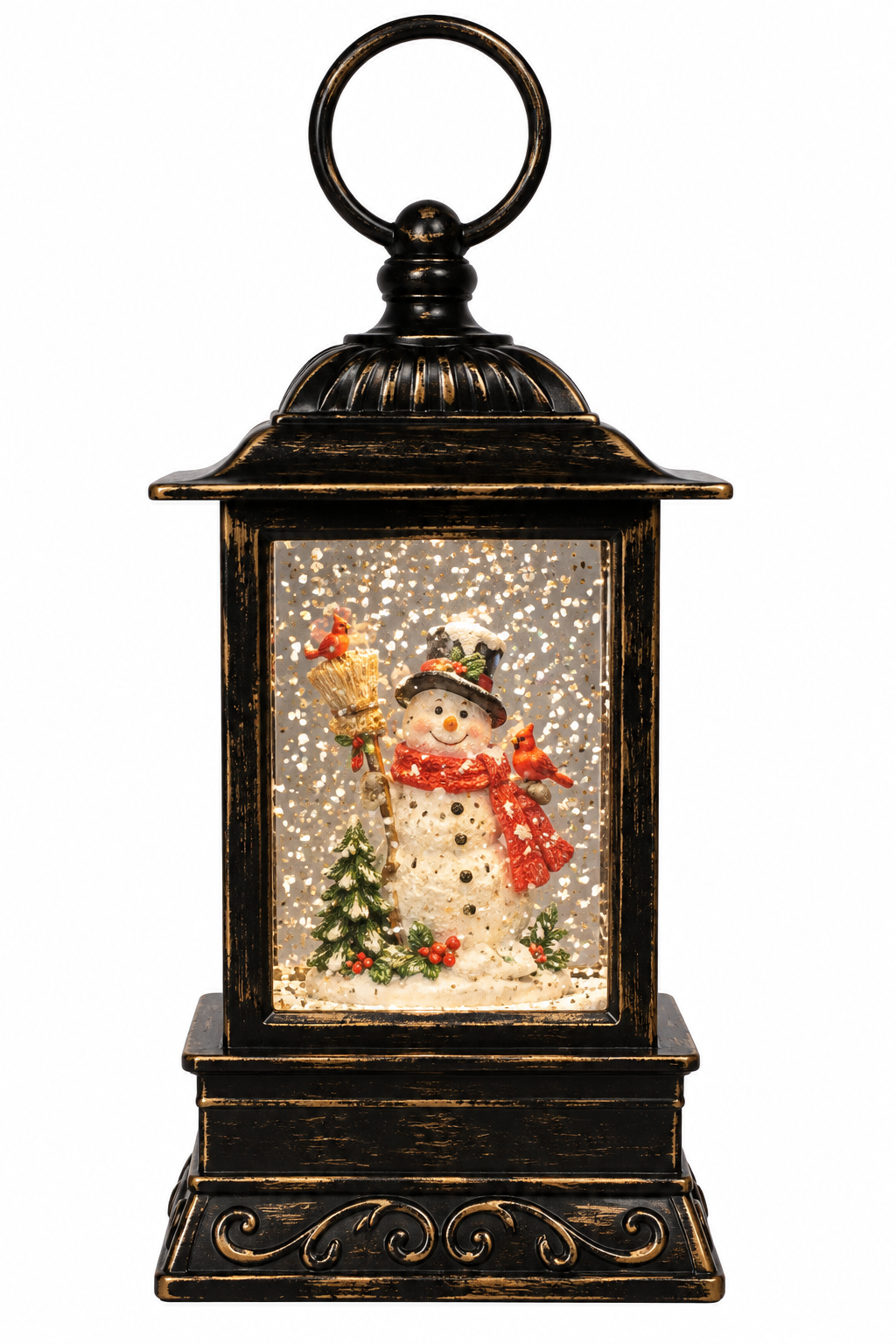 Christmas Is Forever 10.5" Snowman with Broom & Birds Lighted Glitter Lantern